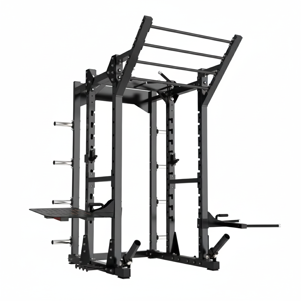 The BefitNow Canada Squat Trainer is a black, 485lb power rack (78"x111"x100") with pull-up bars, weight plate holders, dip bars, and adjustable safety bars—ideal for strength training and home gym workouts.