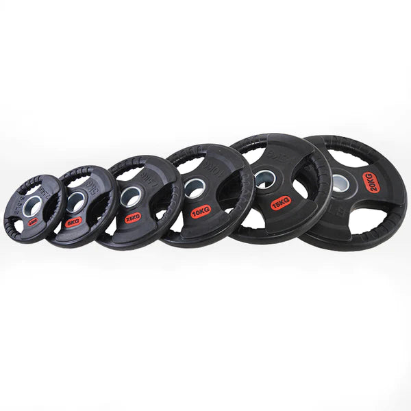 The Elite Starter Package by BefitNow Canada includes six black rubber-coated plates for gym use, ideal for lat machines or squat racks. Each plate has red-labeled weights: 2.5 kg, 5 kg, 10 kg, and 20 kg, with circular cutouts for easy handling.