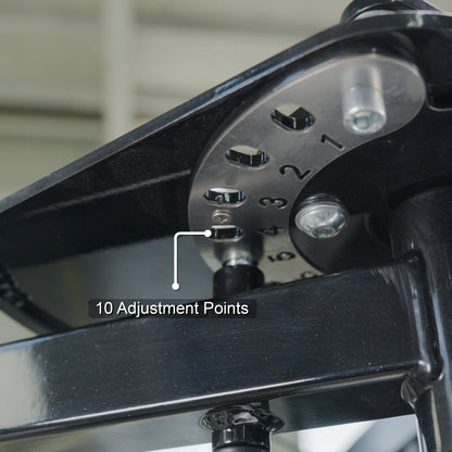 Close-up of a metal part on the BefitNow Canada Pearl Delt/Pec Fly, showing a steel adjustment plate numbered 1–10 with holes for settings. A label points to the plate, reading “10 Adjustment Points.”.