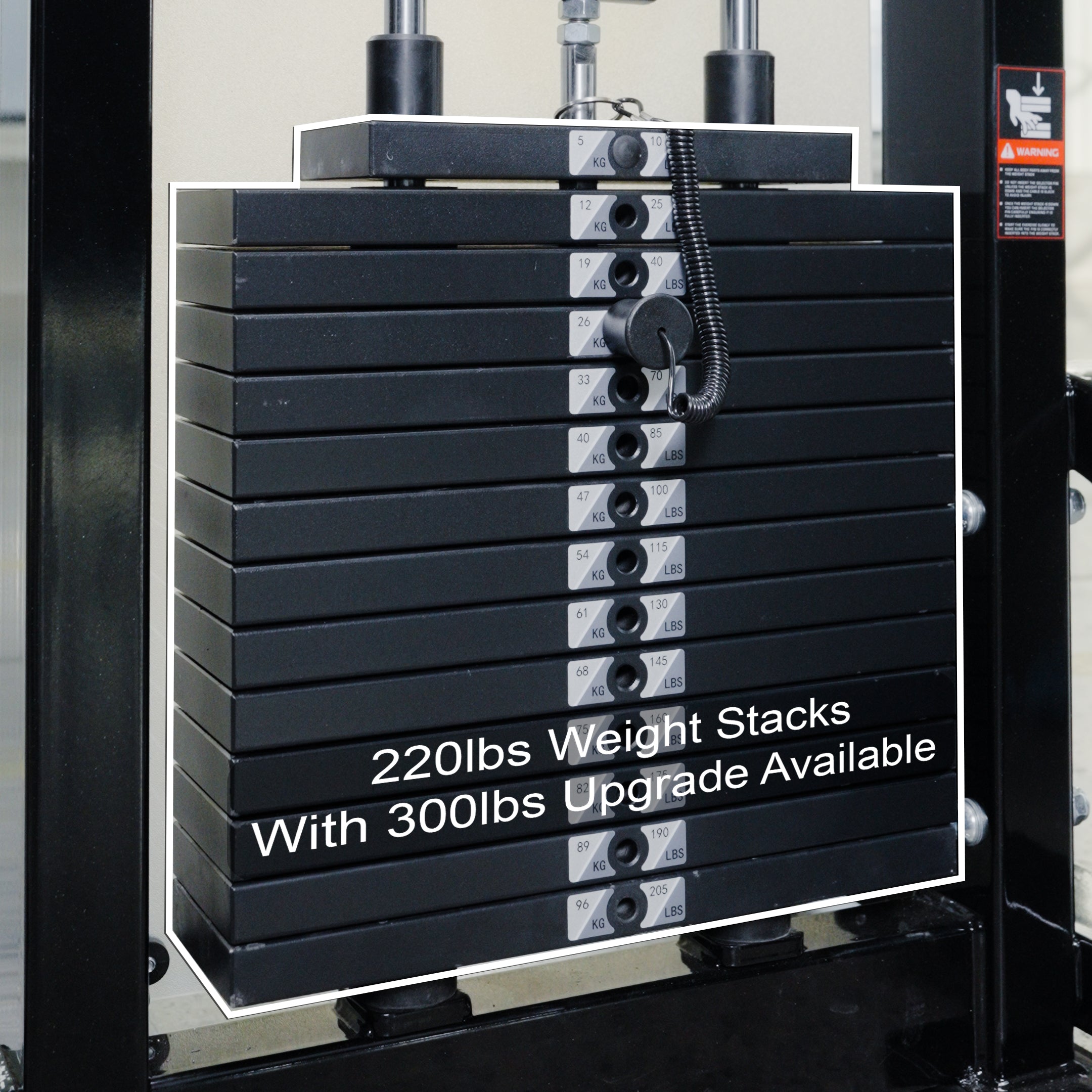 A close-up of the Pearl Delt/Pec Fly by BefitNow Canada shows its weight stack with pound increments. Text reads: 220lbs Weight Stacks with 300lbs Upgrade Available. This dual-function gym equipment offers versatility and strength.