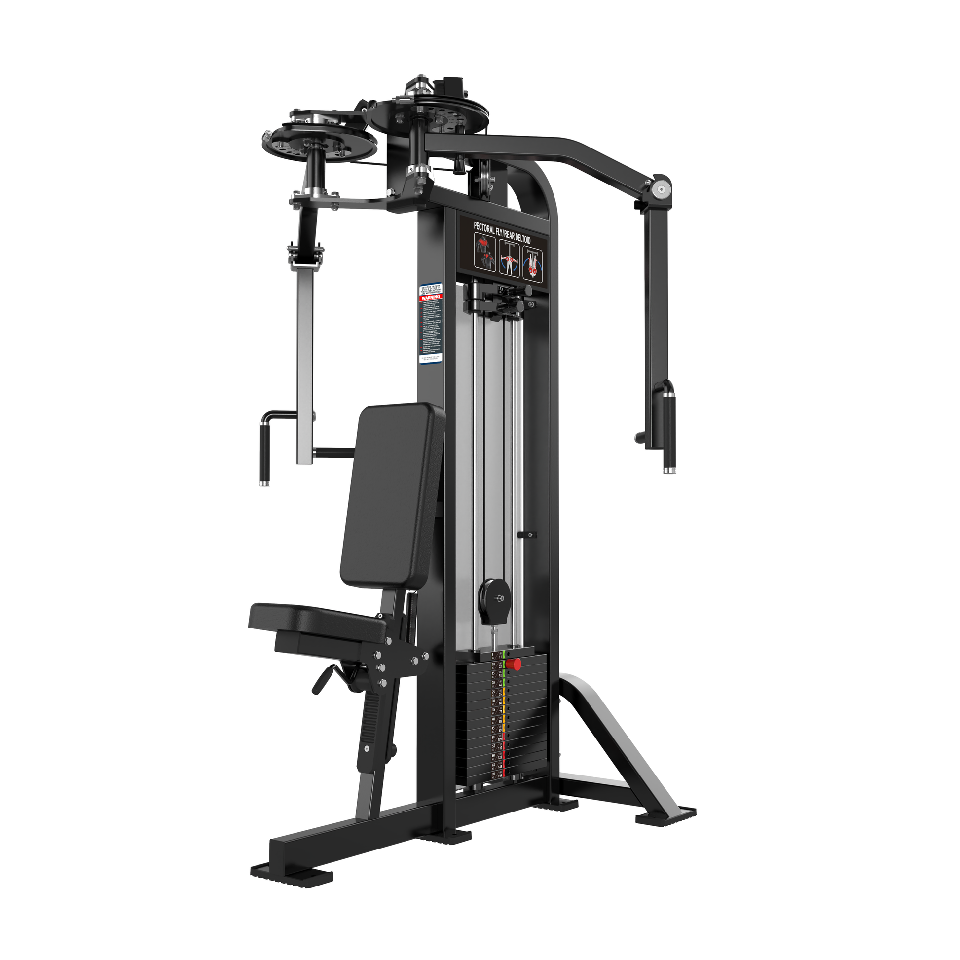 The Pearl Delt/Pec Fly by BefitNow Canada is a sleek black chest press machine ideal for home gyms, with an adjustable weight stack and padded backrest. It features dual handles for versatile pressing and pulling exercises, combining comfort and functionality in a compact unit.