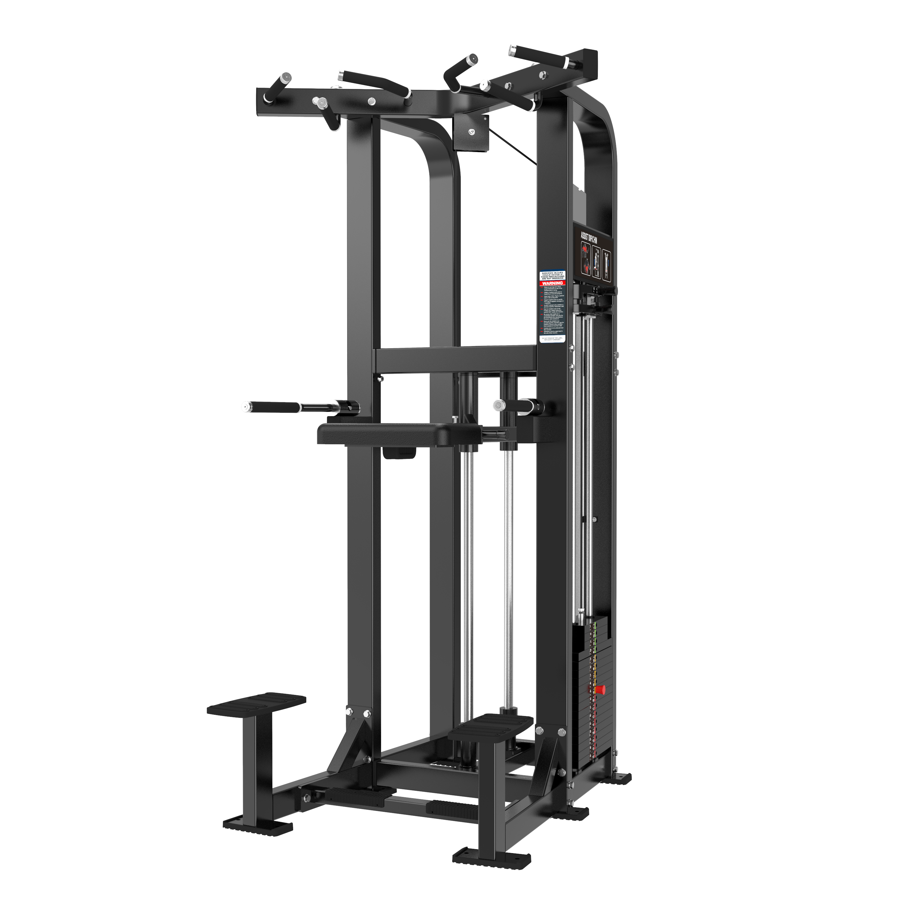 The BefitNow Canada Dip/Chin Assist is a black, commercial-grade machine for assisted pull-ups, dips, and upper-body exercises. It has weight stacks, handles, footrests, and a sturdy metal frame for gym use.