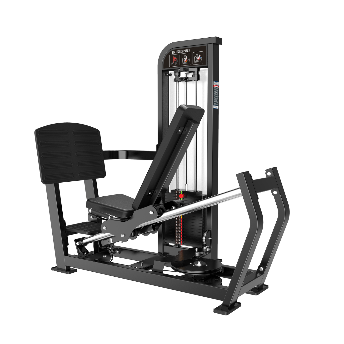 The BefitNow Canada Leg Press features a black padded seat and backrest, weight stack with clear dimension details, footplate for resistance training, robust metal frame, and instructional labels.