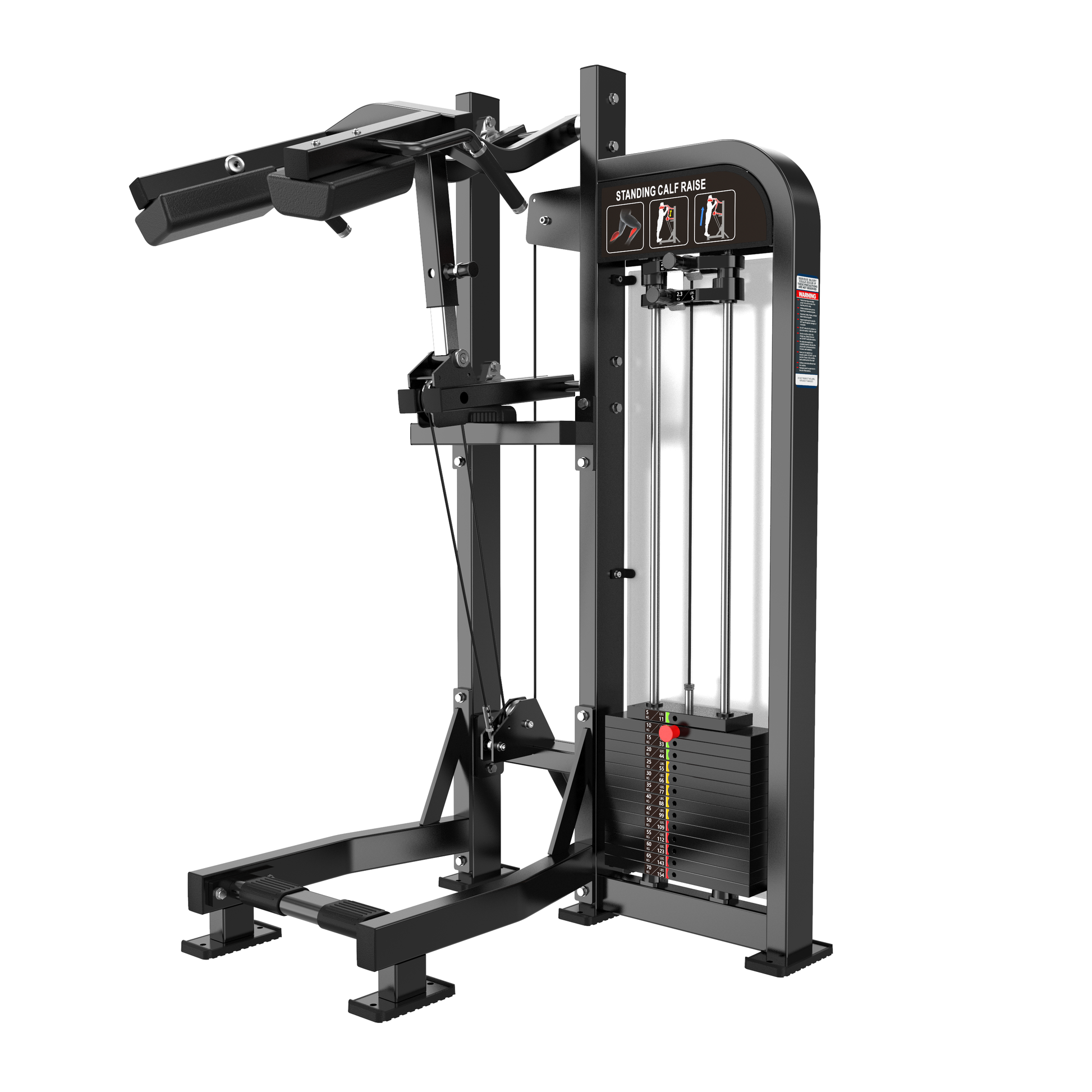 The BefitNow Canada Standing Calf Raise is a black and silver strength machine with weight stack, padded arm supports, and foot platforms for calf exercises in gyms. Check dimensions to ensure it fits your space.