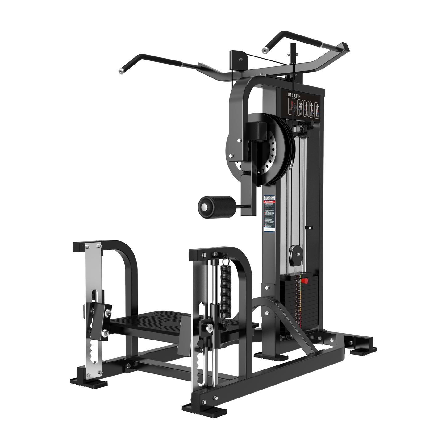 The BefitNow Canada Multi Hip is a compact, multi-functional weight machine with weight stack, adjustable pulleys, handles, footrests, and pull-up bar. Its black frame with silver and padded parts fits any gym for diverse strength training.