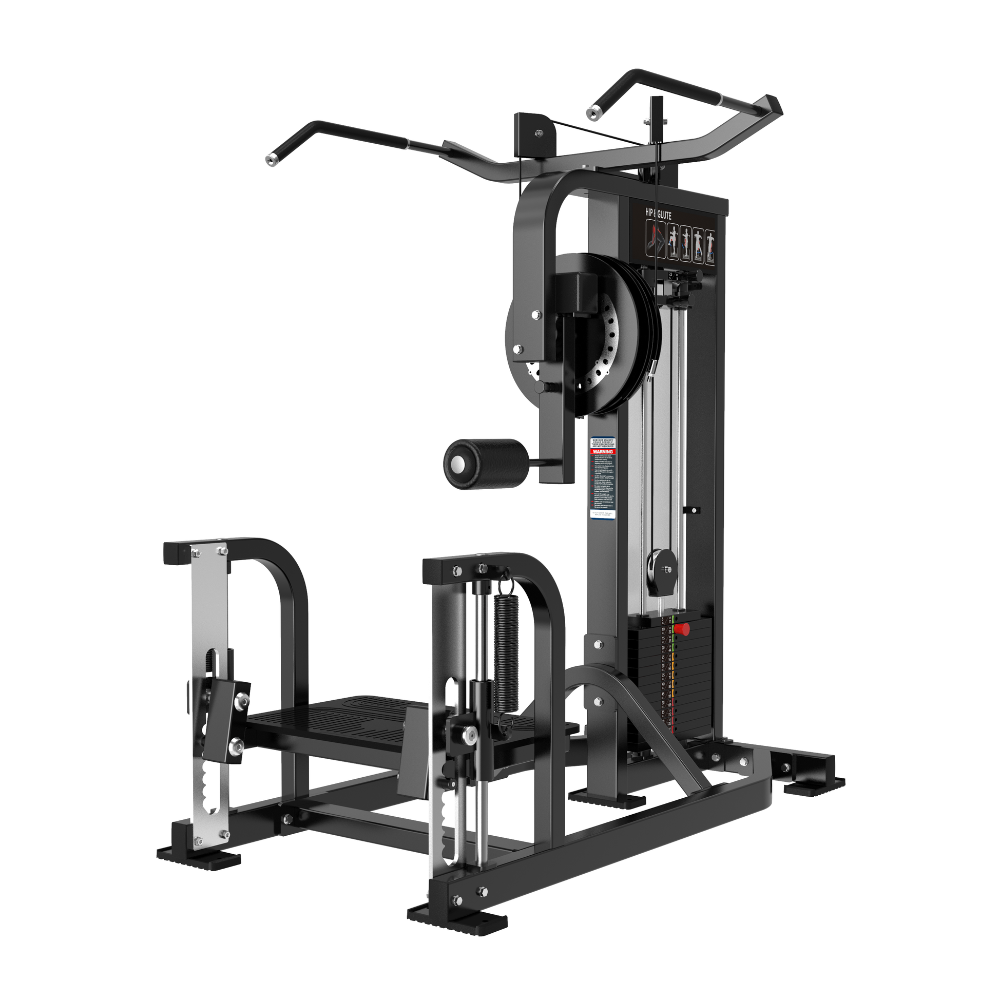 The BefitNow Canada Multi Hip is a compact, multi-functional weight machine with weight stack, adjustable pulleys, handles, footrests, and pull-up bar. Its black frame with silver and padded parts fits any gym for diverse strength training.