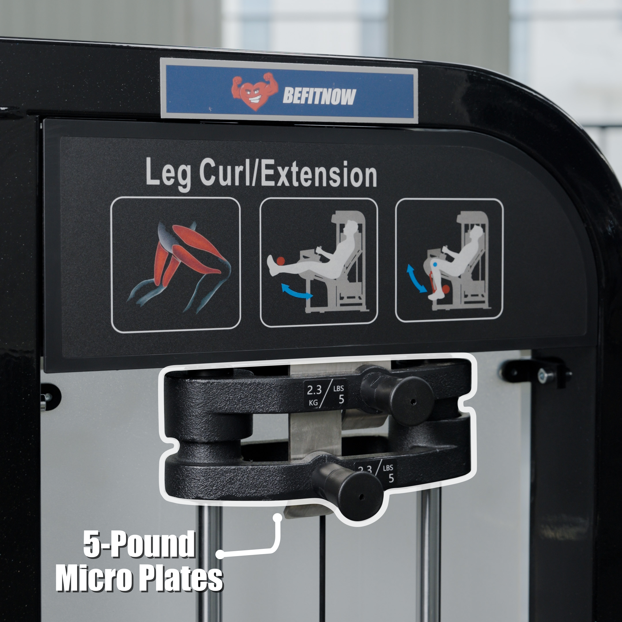 Close-up of a BefitNow Canada Dual Function Leg Extension Leg Curl Machine with instructional diagrams, featuring two black 5-pound micro plates labeled in kg and lb, and "5-Pound Micro Plates" highlighted.