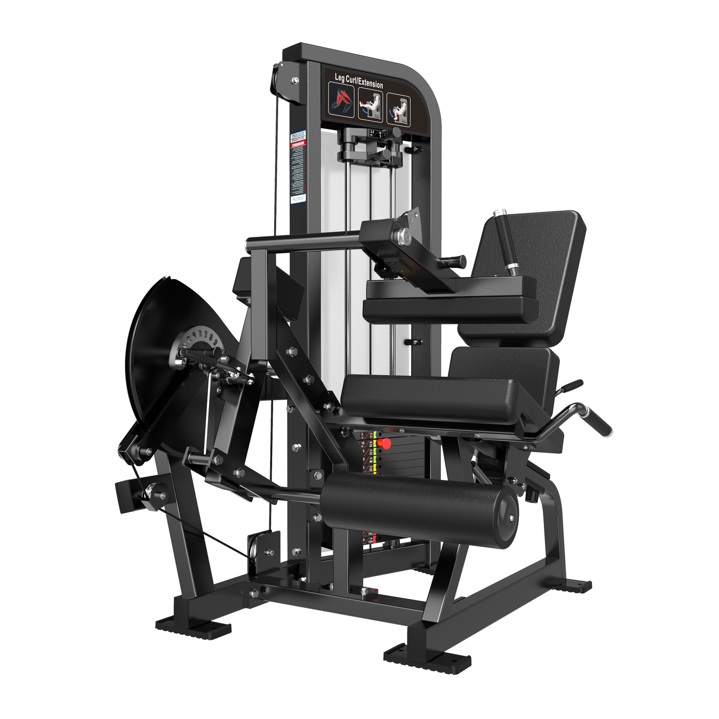 The BefitNow Canada Dual Function Leg Extension/Leg Curls machine is black and features adjustable seats, padded leg rollers, a weight stack for resistance, a sturdy metal frame, and clear setting labels. It seamlessly combines both leg curl and extension functions.
