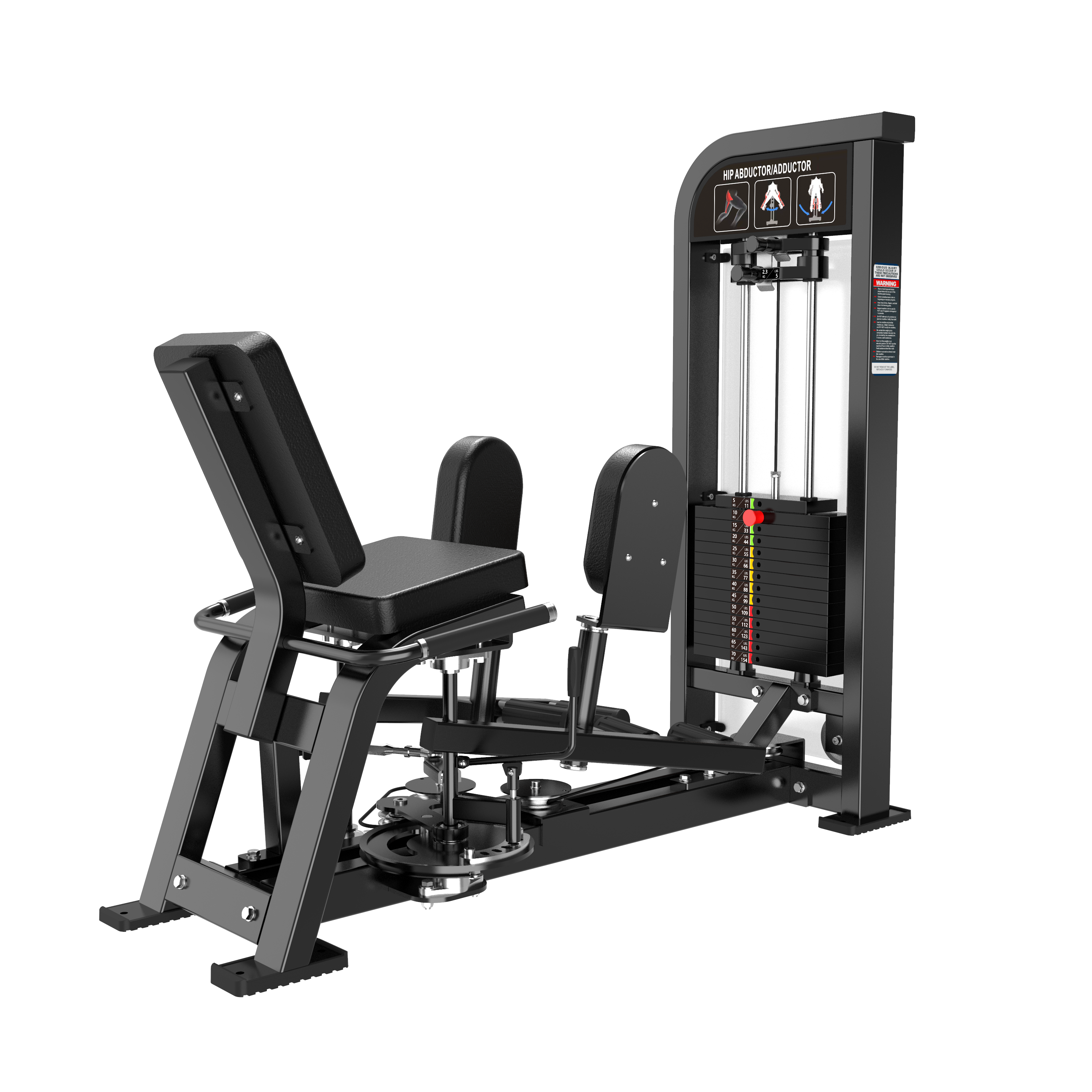 The BefitNow Canada HS32 Abductor/Adductor is a black gym machine with padded seat, backrest, and footrests for leg exercises. It includes an adjustable weight stack, illustrated instructions, and clear specifications on the upper panel.