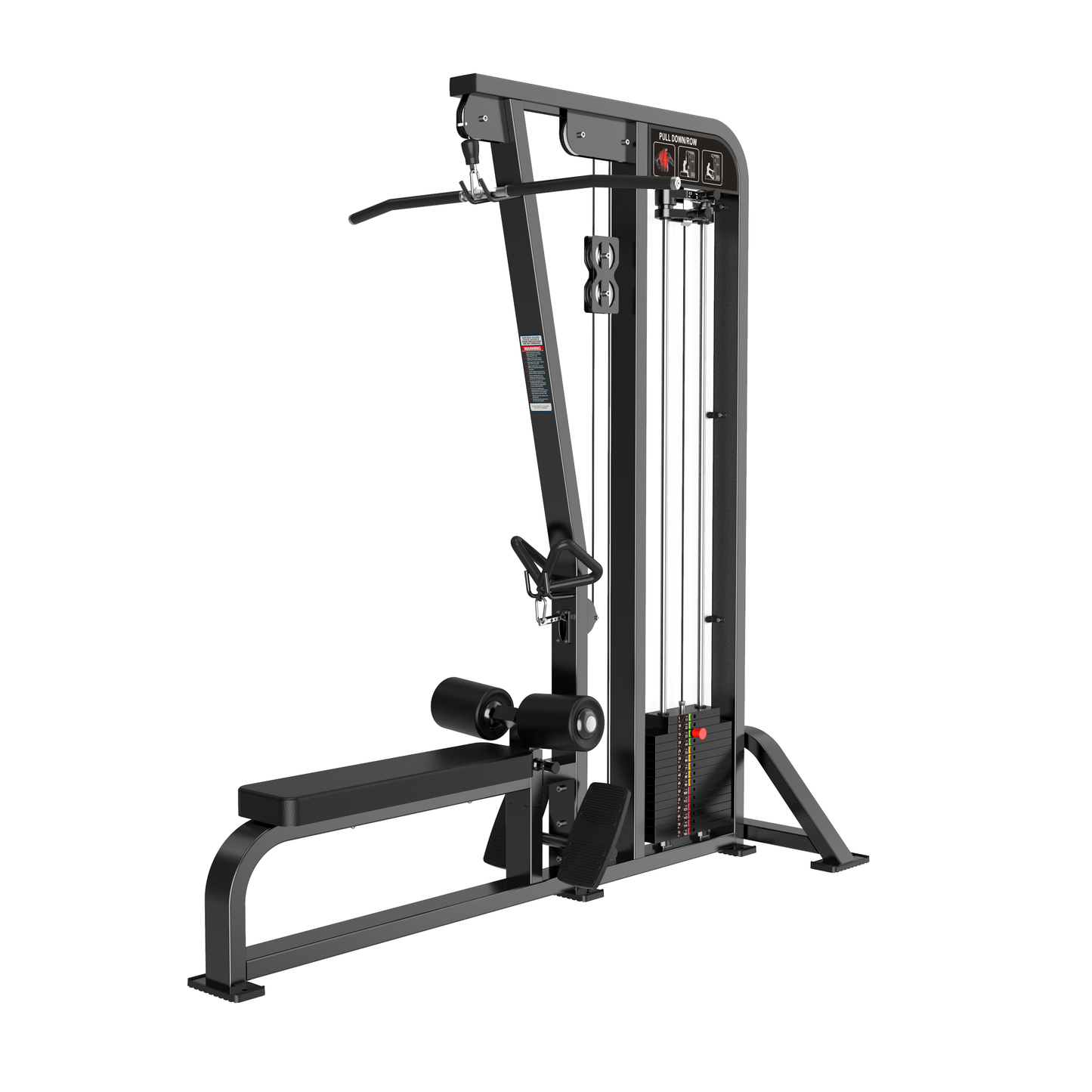 The BefitNow Canada Lat Pulldown/Low Row is ideal for home gyms, featuring a padded seat, footrests, a pulley system with adjustable dimensions, and a substantial weight stack. It includes an easy-grip handlebar for pulling exercises. Available in black.