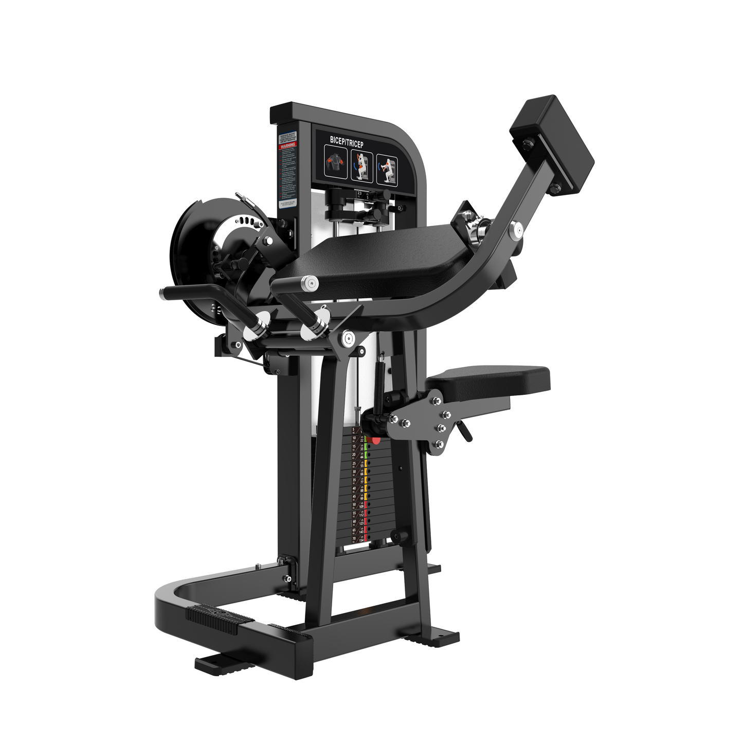 The BefitNow Canada Dual Function Biceps/Triceps features padded arm support, an adjustable weight stack, and instructional placards for effective seated arm workouts in gyms. Black commercial design ideal for biceps and triceps training.