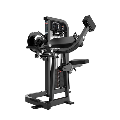 The BefitNow Canada Dual Function Biceps/Triceps features padded arm support, an adjustable weight stack, and instructional placards for effective seated arm workouts in gyms. Black commercial design ideal for biceps and triceps training.