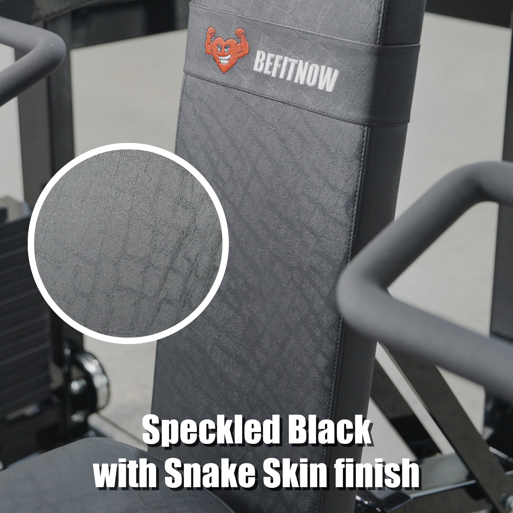 Close-up of the BefitNow Canada Shoulder Press/Seated Chest Press in speckled black with a snake skin finish. The logo appears on the backrest. Designed for any weight stack gym, it includes a lifetime warranty.