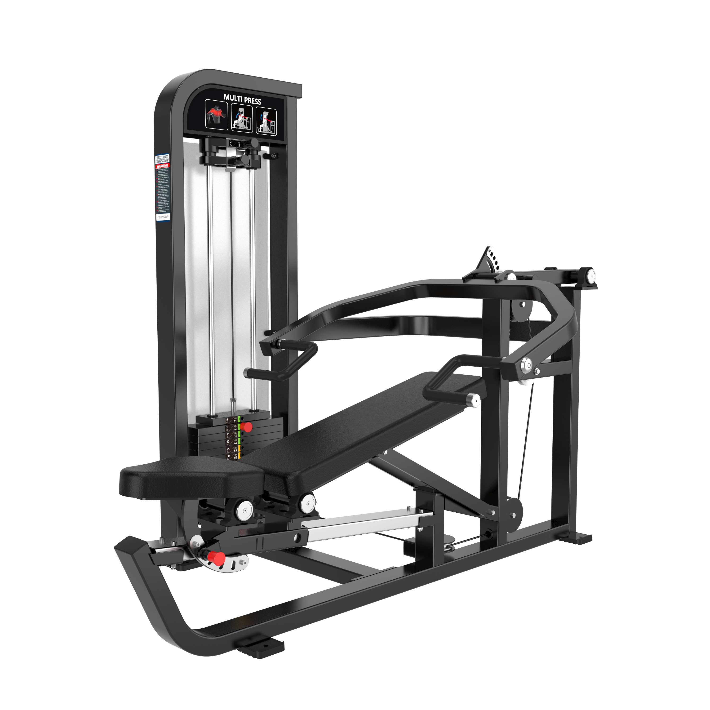The BefitNow Canada Shoulder Press/Seated Chest Press is a black gym machine with adjustable weight stack, padded backrest and seat, sturdy metal frame, instructional labels, and handles for upper body exercises.