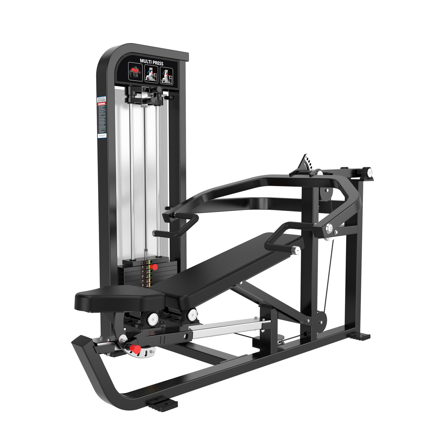 The BefitNow Canada Shoulder Press/Seated Chest Press is a black gym machine with adjustable weight stack, padded backrest and seat, sturdy metal frame, instructional labels, and handles for upper body exercises.