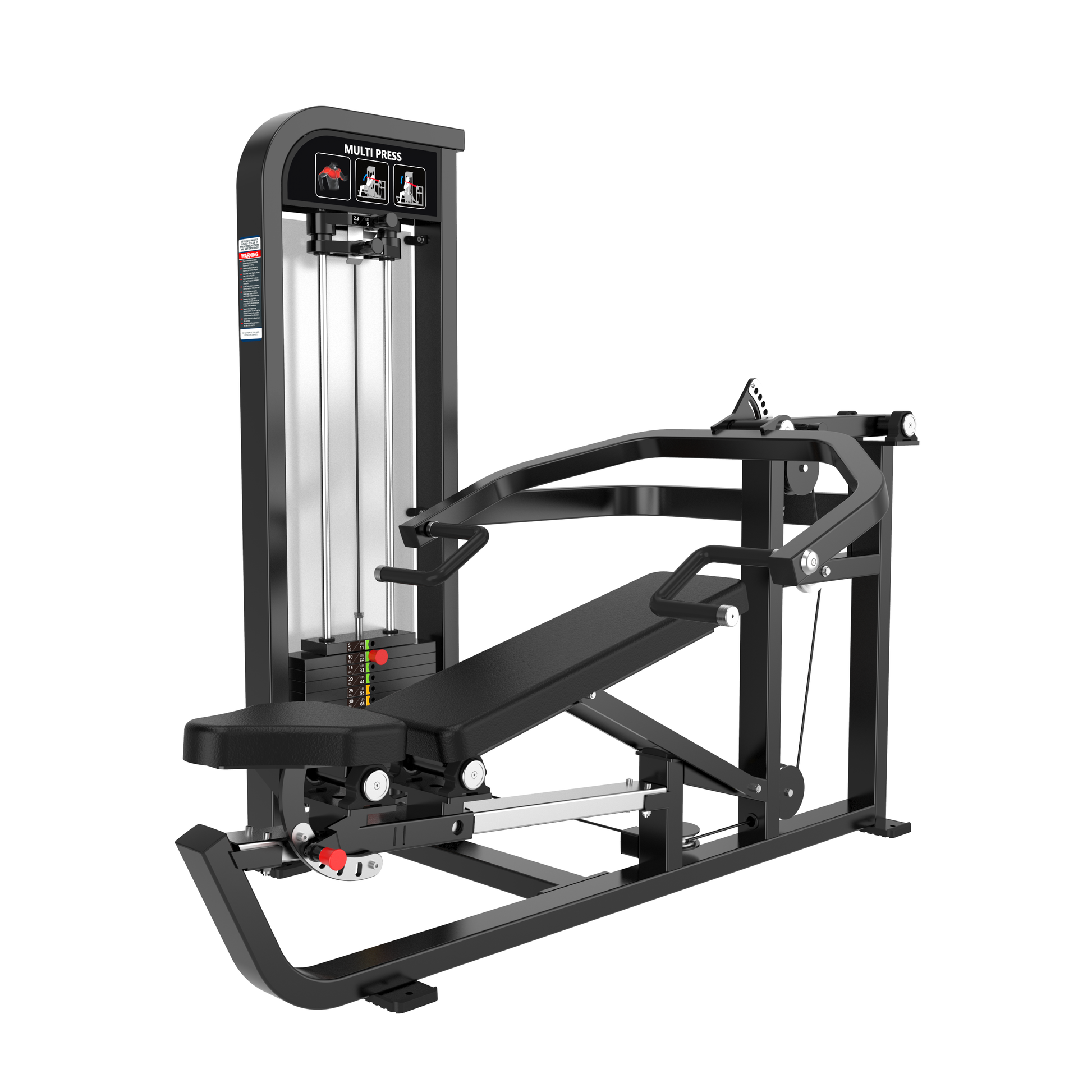 The BefitNow Canada Shoulder Press/Seated Chest Press is a black gym machine with adjustable weight stack, padded backrest and seat, sturdy metal frame, instructional labels, and handles for upper body exercises.