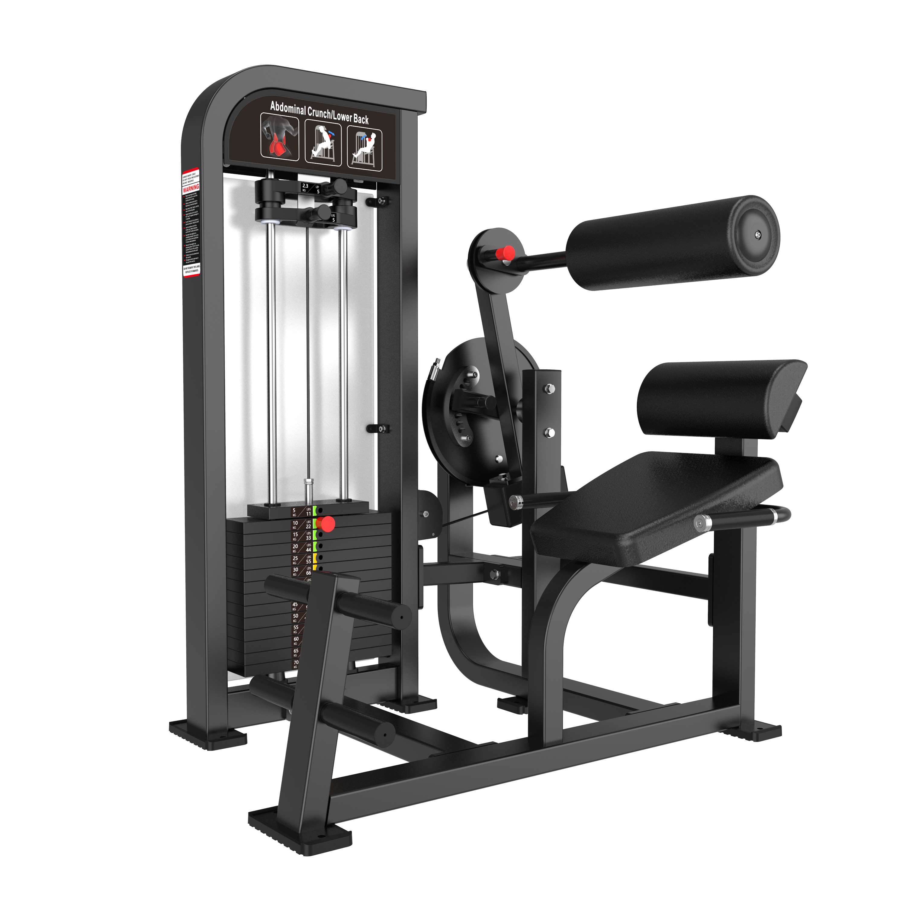 The BefitNow Canada HS36 Abdominal Crunch/Low Back machine is designed for core strengthening with adjustable padded seats and backrests, a visible weight stack, supportive handles, and fitness diagrams to guide abdominal crunch exercises.
