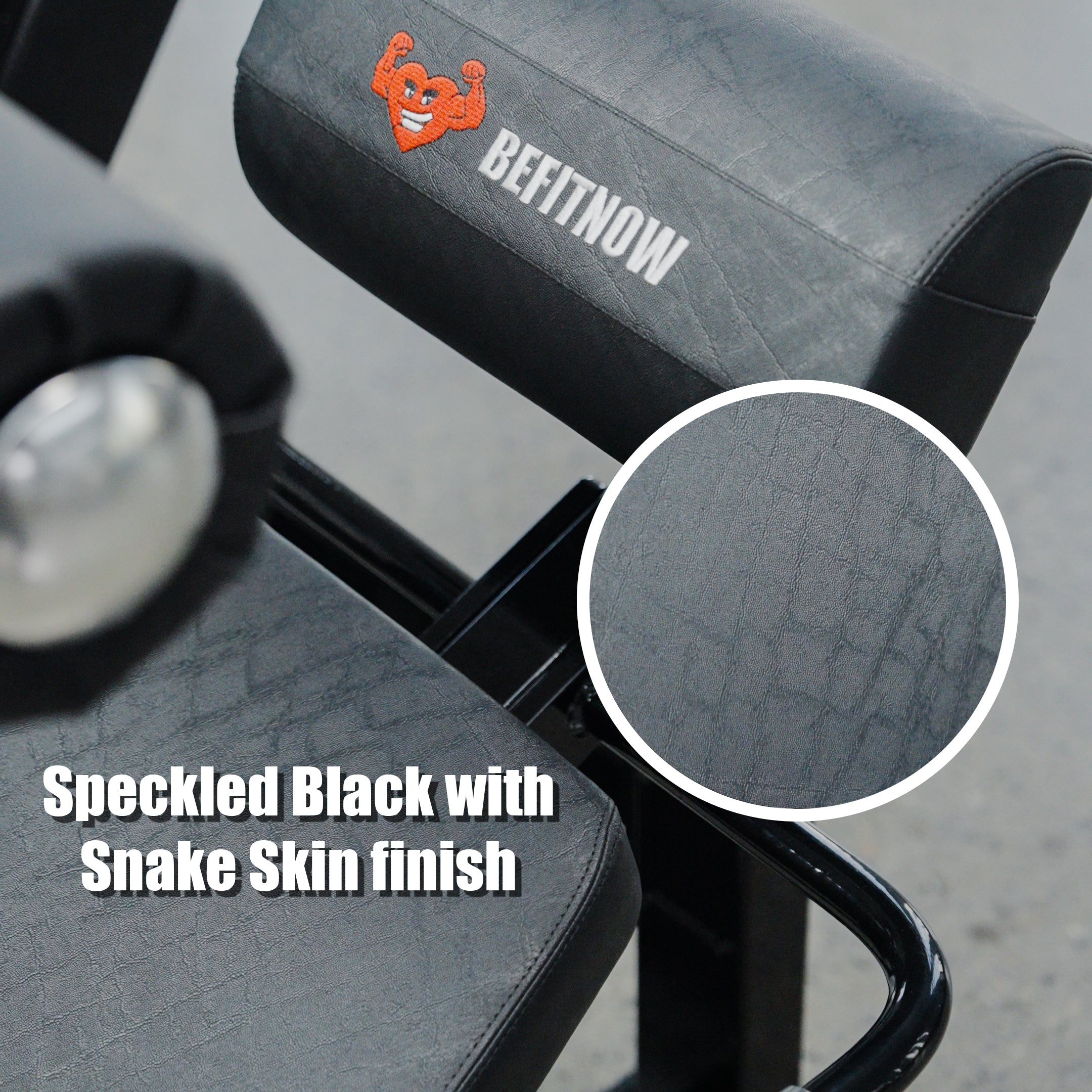 Close-up of a BefitNow Canada Abdominal Crunch/Low Back gym bench, featuring a speckled black surface with snake skin texture—ideal for core exercises. Bold text: Speckled Black with Snake Skin finish.