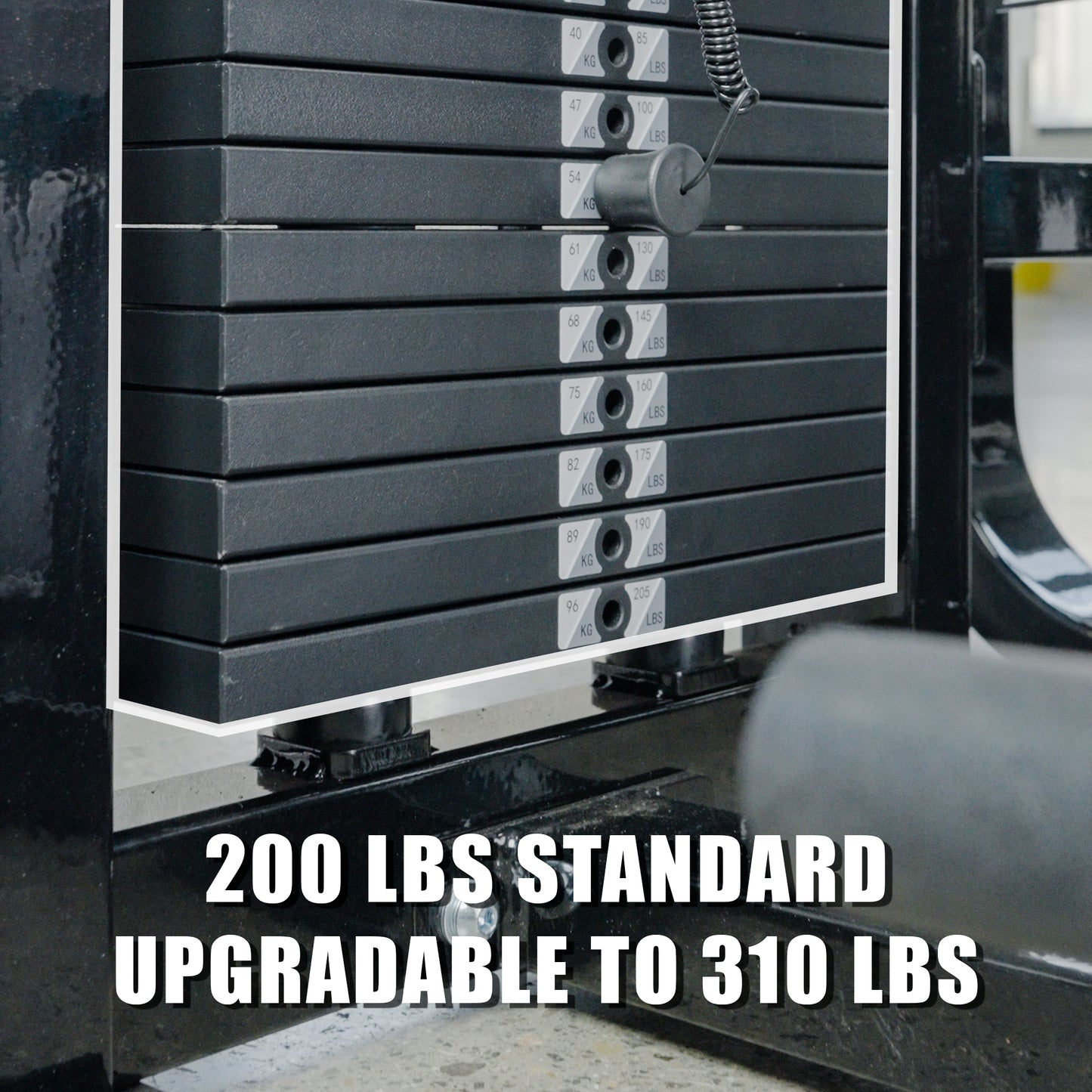 Close-up of BefitNow Canada Abdominal Crunch/Low Back machine weight stack with labeled plates and selection pin. Bold text reads: 200 lbs standard, upgradable to 310 lbs—ideal for building core strength.