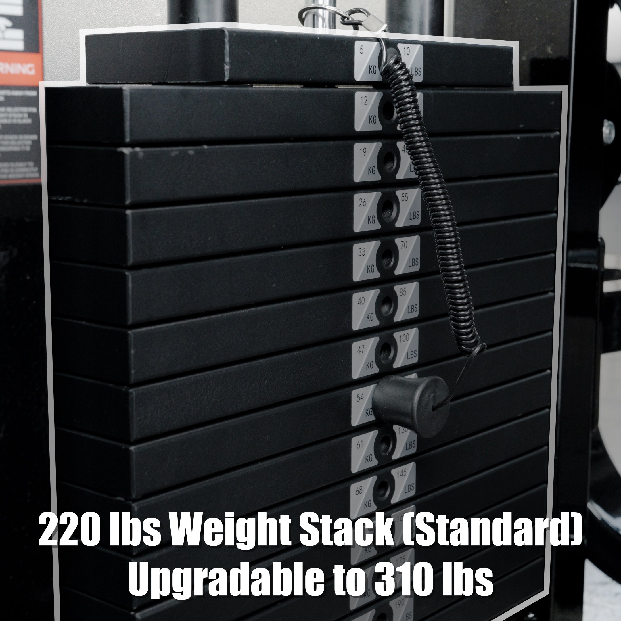 Close-up of the weight stack on the BefitNow Canada Leg Extension/Lying Down Leg Curl machine, featuring an adjustable pin and a label: “220 lbs Weight Stack (Standard), Upgradable to 310 lbs.”.