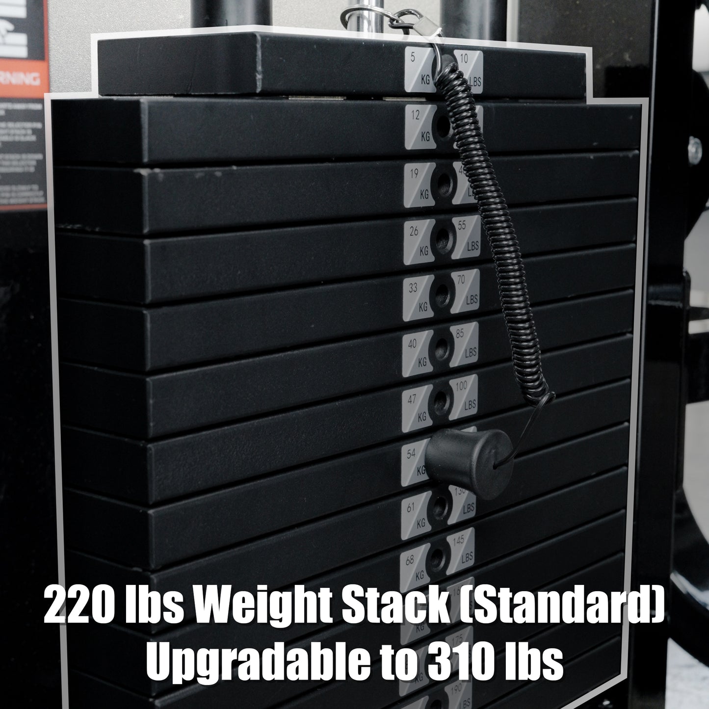 Close-up of the weight stack on the BefitNow Canada Leg Extension/Lying Down Leg Curl machine, featuring an adjustable pin and a label: “220 lbs Weight Stack (Standard), Upgradable to 310 lbs.”.