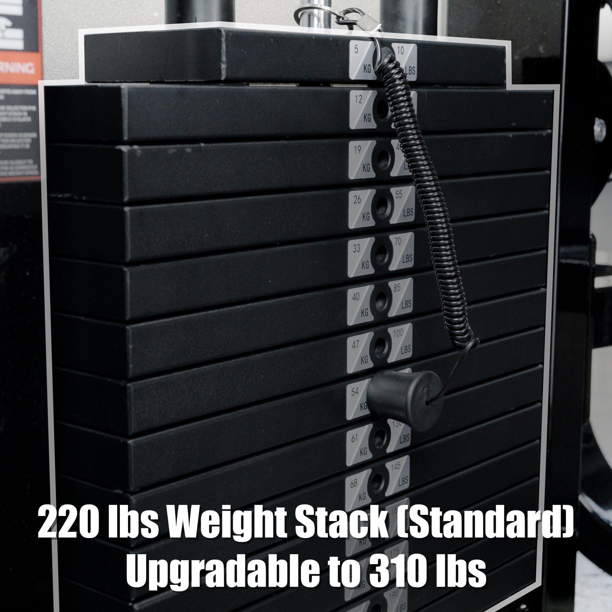 Close-up of the weight stack on the BefitNow Canada Leg Extension/Lying Down Leg Curl machine, featuring an adjustable pin and a label: “220 lbs Weight Stack (Standard), Upgradable to 310 lbs.”.