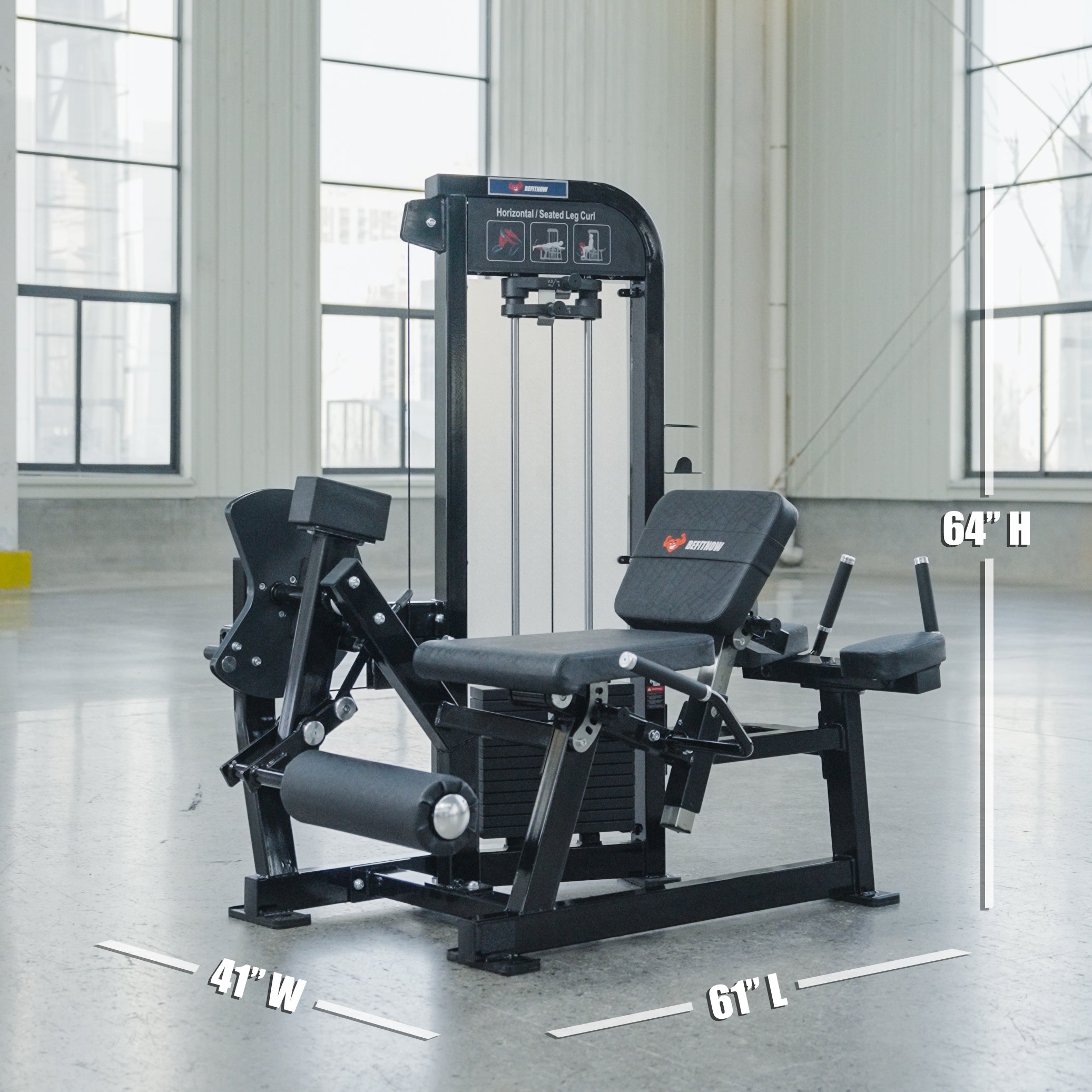 A BefitNow Canada Leg Extension/Lying Down Leg Curl machine is set in a bright room with large windows. The black gym equipment measures 64" high, 61" long, and 41" wide, with dimensions labeled on the image.