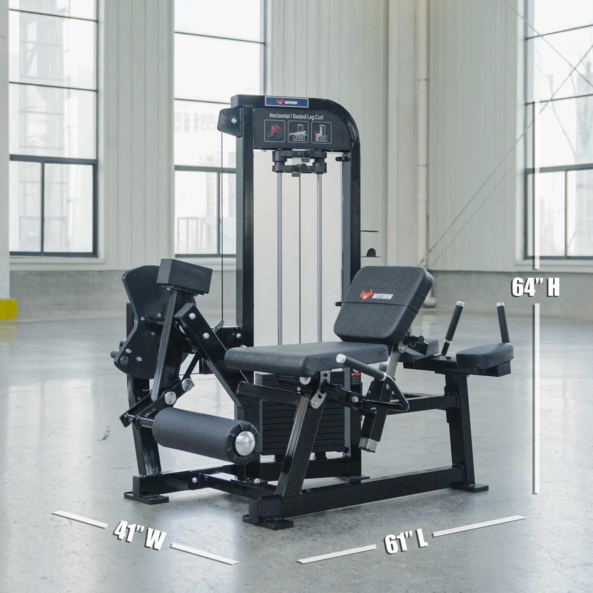 A BefitNow Canada Leg Extension/Lying Down Leg Curl machine is set in a bright room with large windows. The black gym equipment measures 64" high, 61" long, and 41" wide, with dimensions labeled on the image.