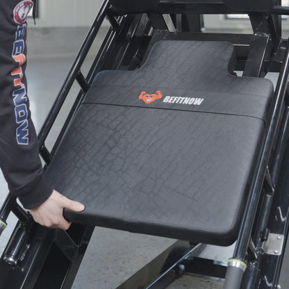 A person adjusts the padded backrest of a BefitNow Canada 45 Degree Leg Press Hack Squat, gripping the edge. The black machine features visible metal frames, measures 93"x65"x57", and weighs 560 lbs.