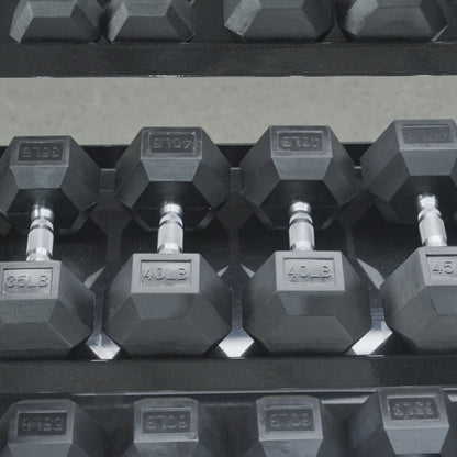 A close-up of BefitNow Canada’s 3 Tier Commercial Hex Dumbbell Rack, neatly holding hex dumbbells with visible weight markings such as 35 LB, 40 LB, and 45 LB.