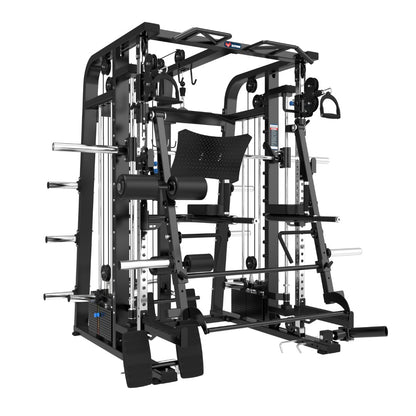 Check out BefitNow Canadas Jammer Arms, an all-in-one trainer that combines a Smith machine, adjustable pulleys, and jammer arms. Its metallic frame, cables, and weight storage pegs make it ideal for full-body workouts in compact spaces.
