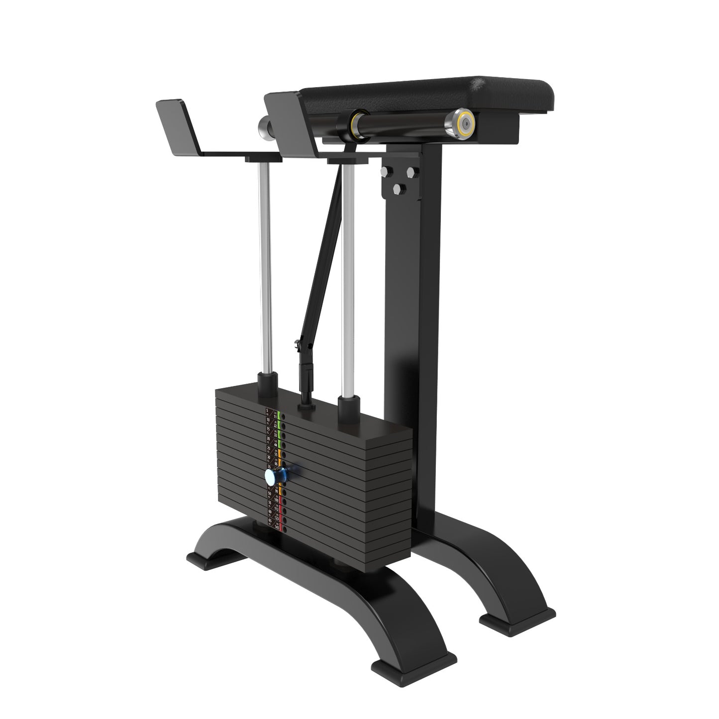 The Forearm Trainer by BefitNow Canada is a sleek black gym machine with weight stacks ideal for seated calf raises. It features cushioned thigh pads, sturdy levers, stable foot platforms, offers versatility with selectorised forearm machines, and comes with a lifetime warranty.