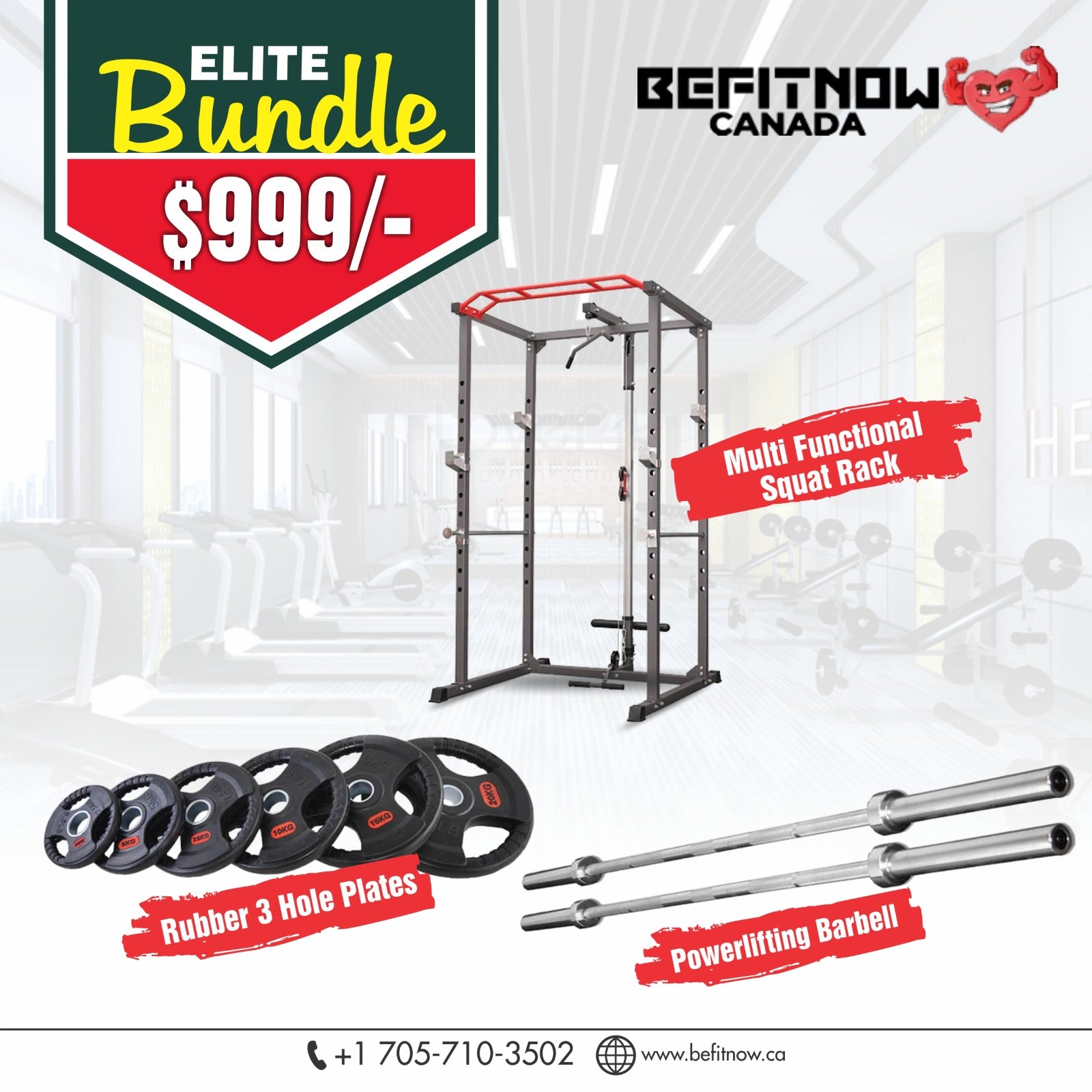 Check out BefitNow Canadas Elite Starter Package for $999, including a multifunctional squat rack, rubber-coated weight plates, and a powerlifting barbell. Elevate your workouts today! Visit our website or contact us for details.
