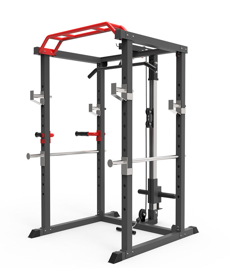 The BefitNow Canada Multi Functional Squat Rack with Lat Machine is a black and red gym rack featuring a pull-up bar, adjustable hooks, dip handles, Smith machine bar, and squat rack—ideal for weightlifting and strength training.