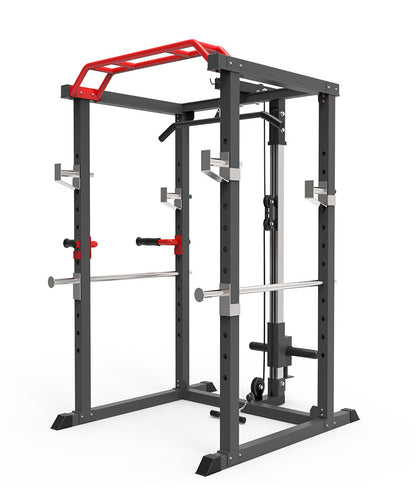 The Befitnow Canada Multi Functional Squat Rack with Lat Machine is a black and red rack featuring pull-up bars, adjustable safety bars, and weight plate storage, ideal for weightlifting and strength training.