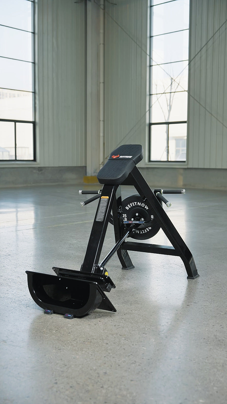 The BefitNow Canada AR61 Incline Level Row, a black row machine with padded seat and handles for upper and mid-back workouts, stands in a bright gym with large windows—perfect for any home gym setup.