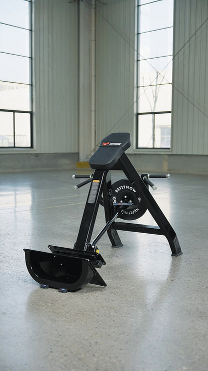 The BefitNow Canada AR61 Incline Level Row, a black row machine with padded seat and handles for upper and mid-back workouts, stands in a bright gym with large windows—perfect for any home gym setup.