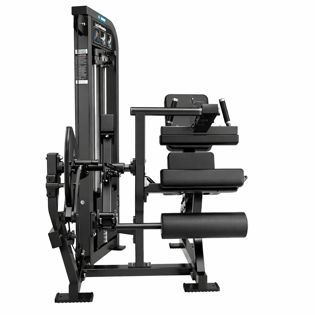 The BefitNow Canada Dual Function Leg Extension Leg Curl Machine is a black and silver heavy-duty gym unit with padded seats, backrest, adjustable leg rollers, weight stack, and instructional placards for effective leg workouts.
