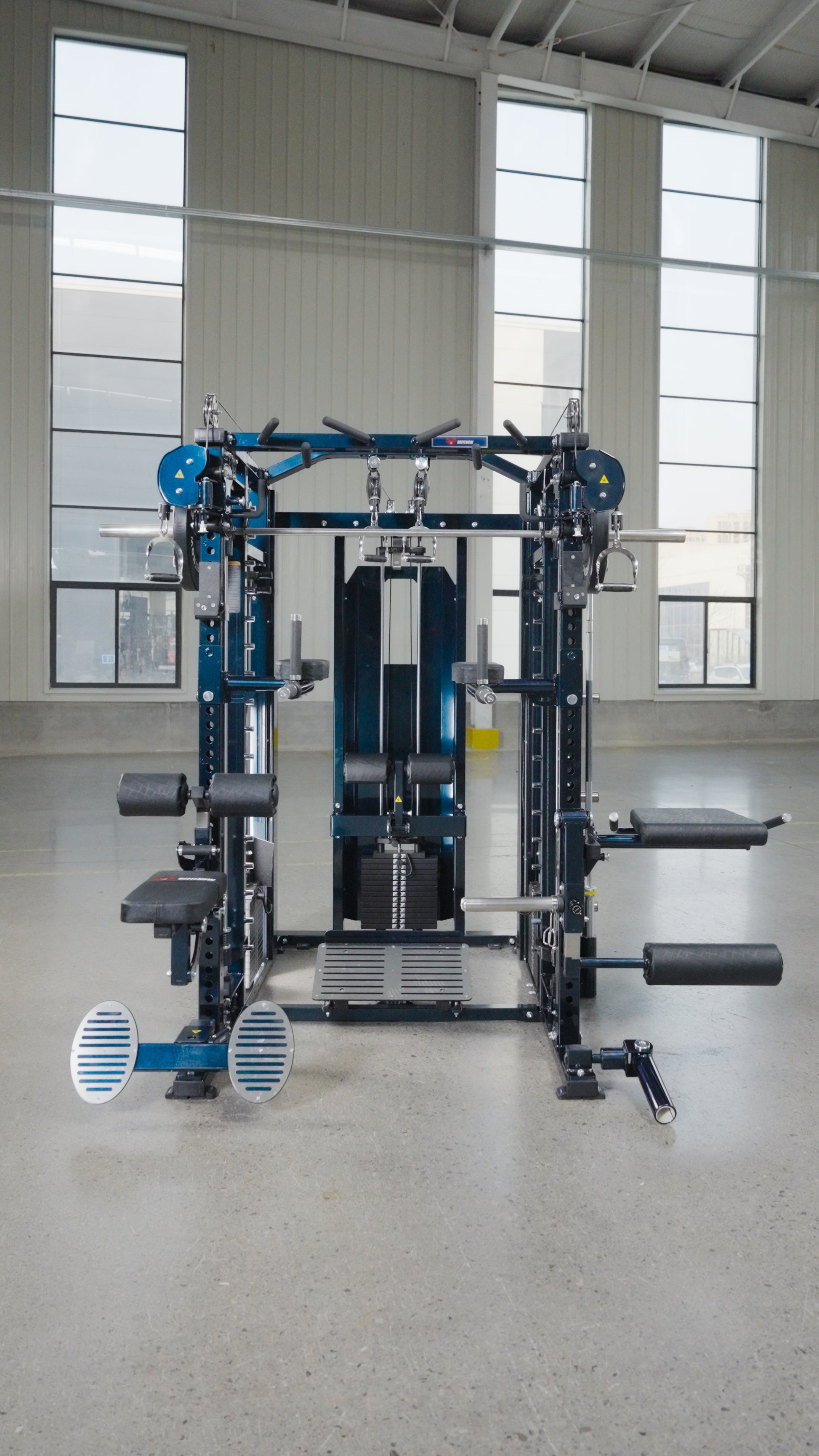 The Professor by BefitNow Canada is a multifunctional gym machine with multiple attachments and pulleys, standing in a spacious, well-lit room with large windows and a high ceiling.