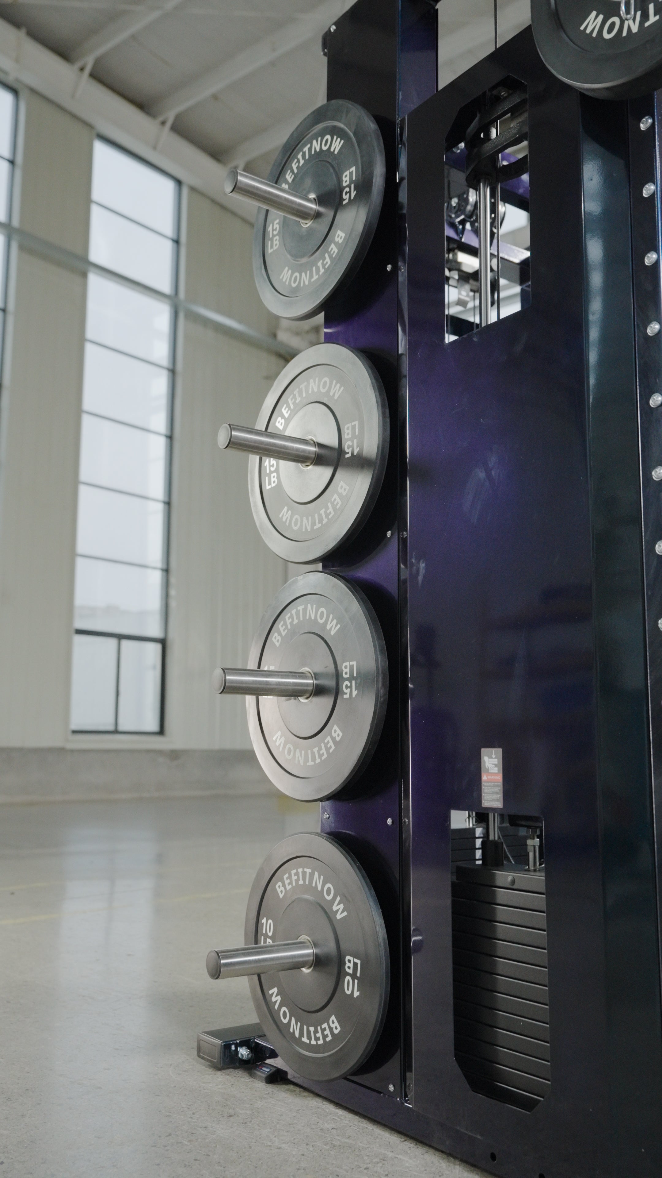 A close-up of The Professor: The Kahuna on Steroids by BefitNow Canada, featuring four 15-lb weight plates stacked on metal rods in a bright, spacious gym with large windows.