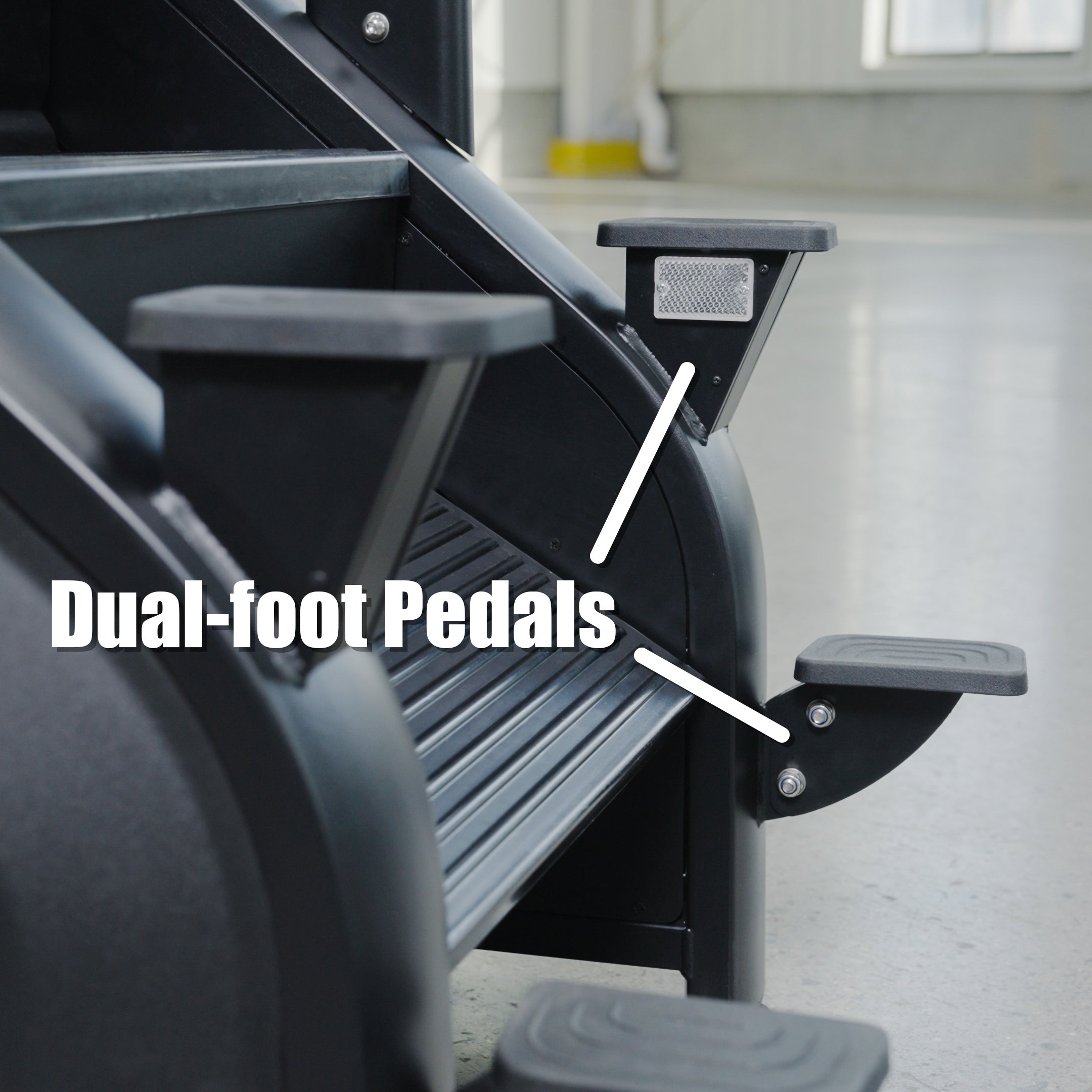 Close-up of the BefitNow Canada SkyStep Stair Climber, showing dual black foot pedals with arrows and white labels. The indoor gym background highlights its effectiveness for cardio workouts.