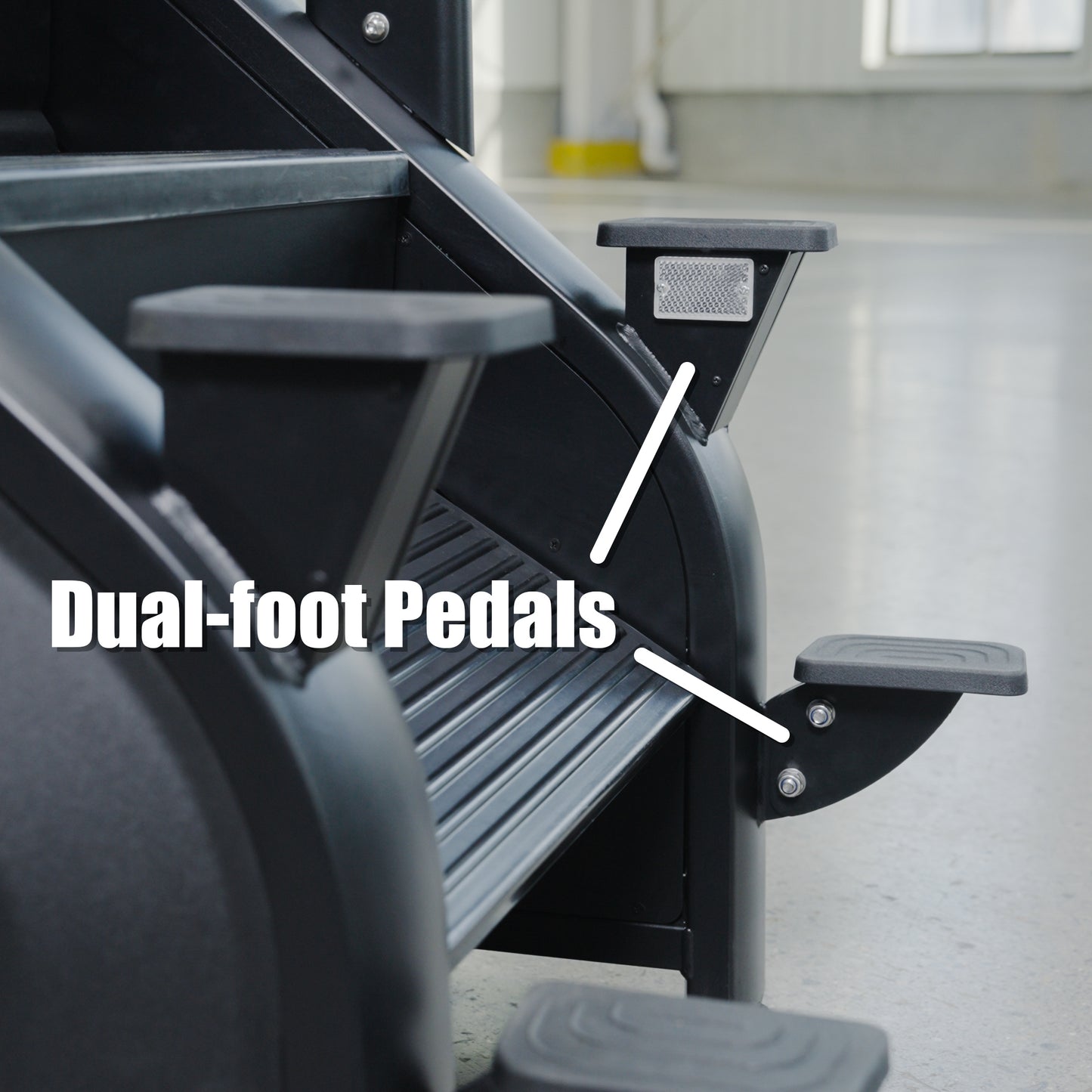 Close-up of the BefitNow Canada SkyStep Stair Climber, showing dual black foot pedals with arrows and white labels. The indoor gym background highlights its effectiveness for cardio workouts.
