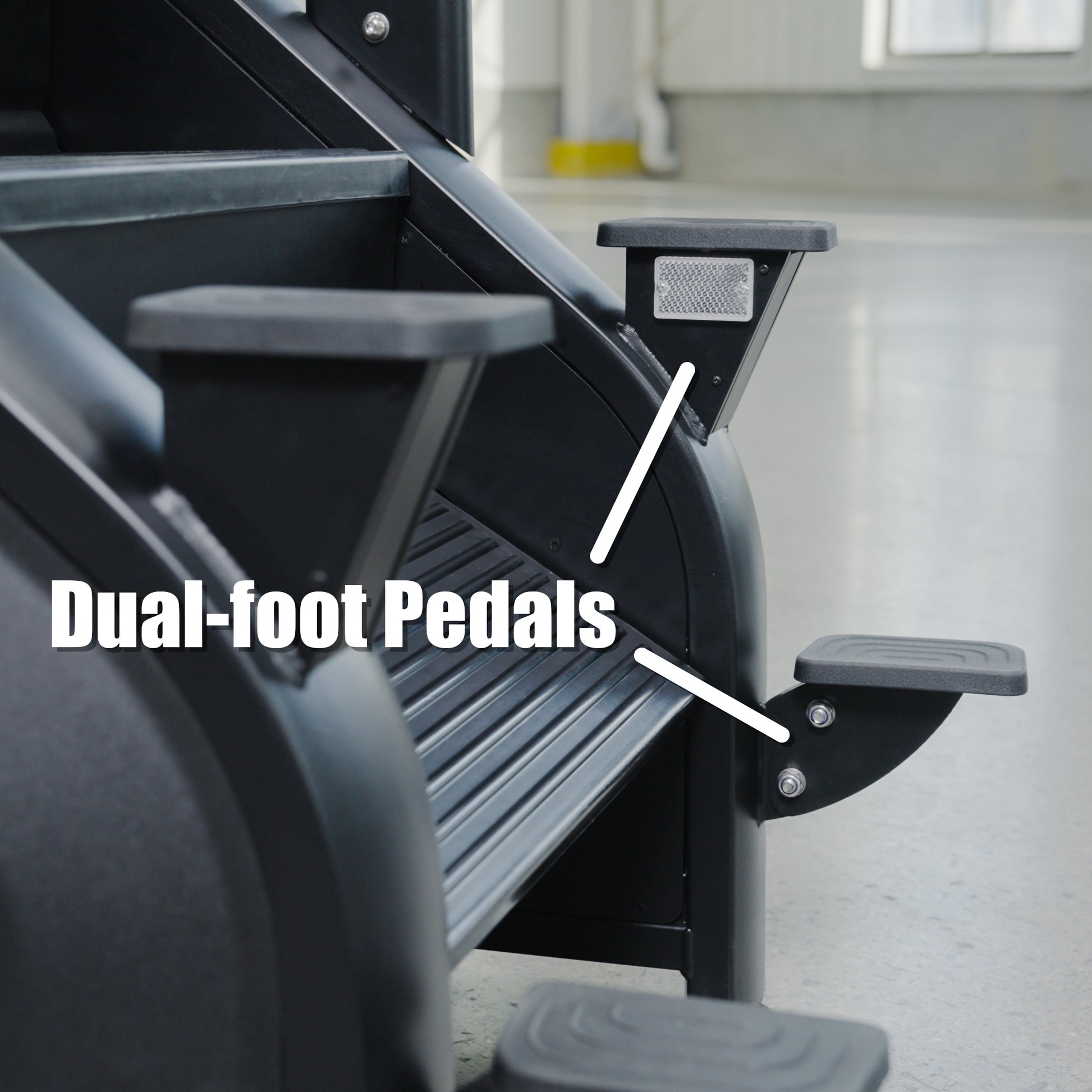 Close-up of the BefitNow Canada SkyStep Stair Climber, showing dual black foot pedals with arrows and white labels. The indoor gym background highlights its effectiveness for cardio workouts.