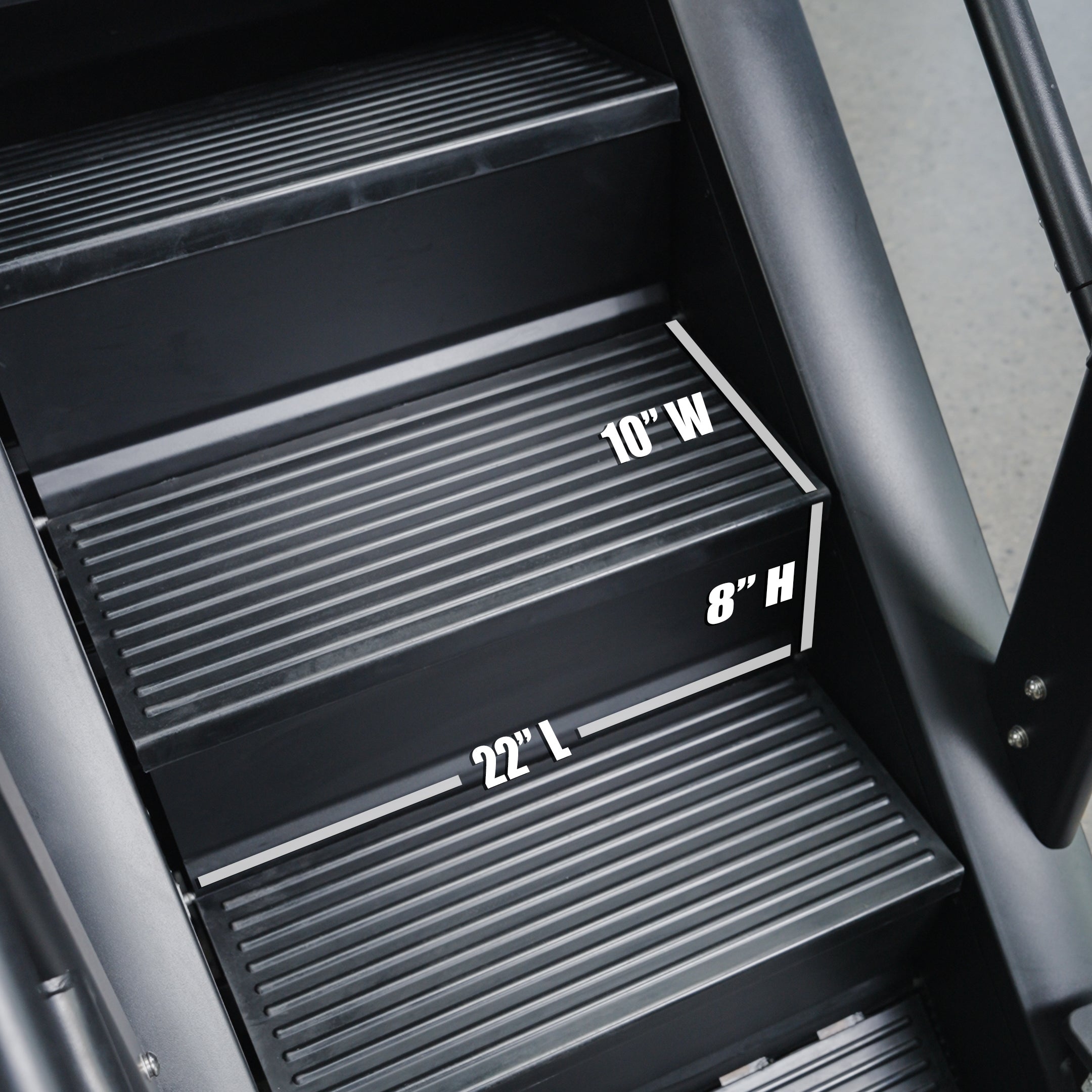 A close-up of BefitNow Canada’s The SkyStep Stair Climber shows black grooved treads, metal side rails, and labeled steps—10" wide, 8" high, 22" long—perfect for cardiovascular workouts.