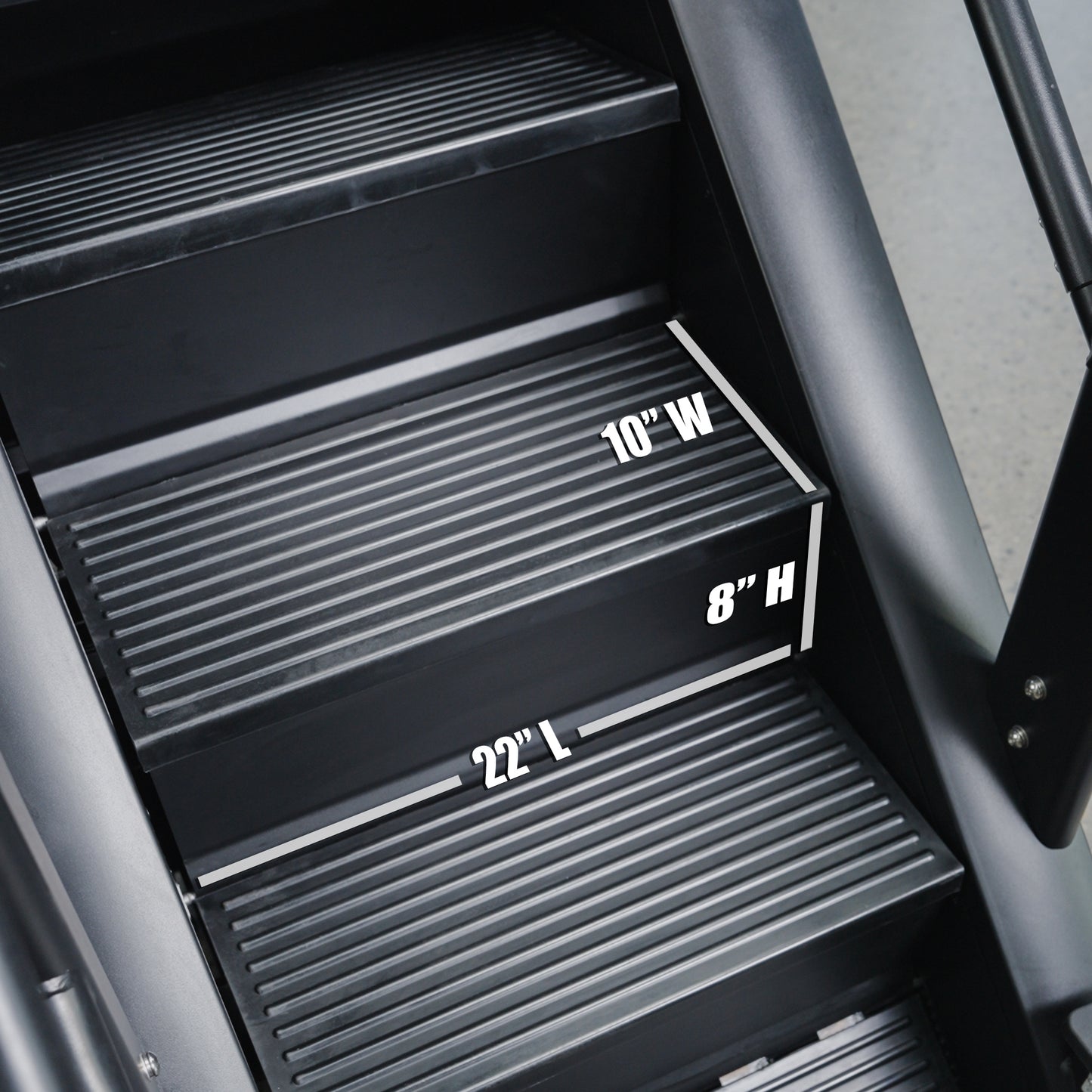 A close-up of BefitNow Canada’s The SkyStep Stair Climber shows black grooved treads, metal side rails, and labeled steps—10" wide, 8" high, 22" long—perfect for cardiovascular workouts.