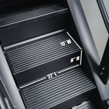 A close-up of BefitNow Canada’s The SkyStep Stair Climber shows black grooved treads, metal side rails, and labeled steps—10" wide, 8" high, 22" long—perfect for cardiovascular workouts.