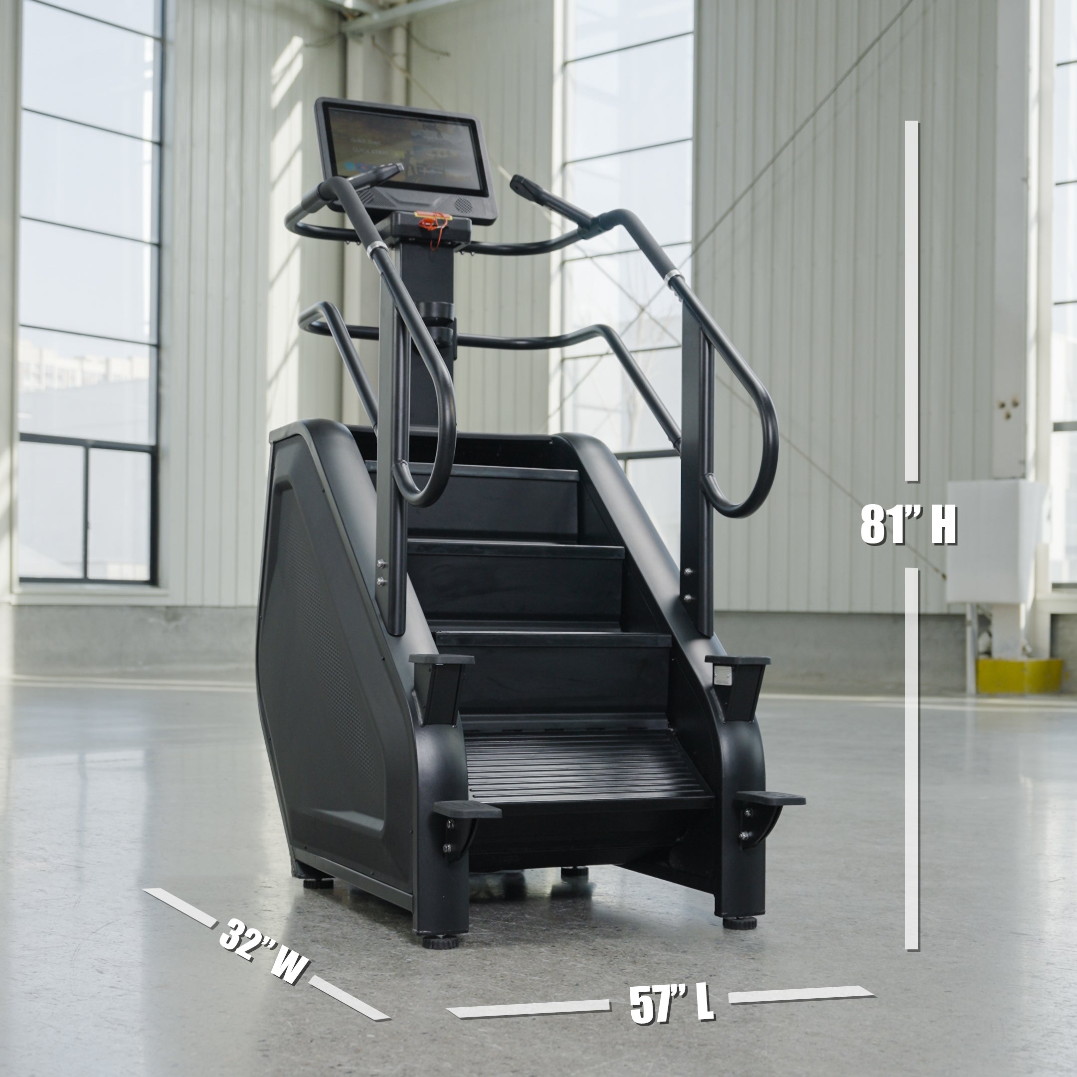 The SkyStep Stair Climber by BefitNow Canada is shown in a bright room. Its sleek black design features an interactive touchscreen display and measures 81" H x 32" W x 57" L, making it ideal for effective cardiovascular workouts.