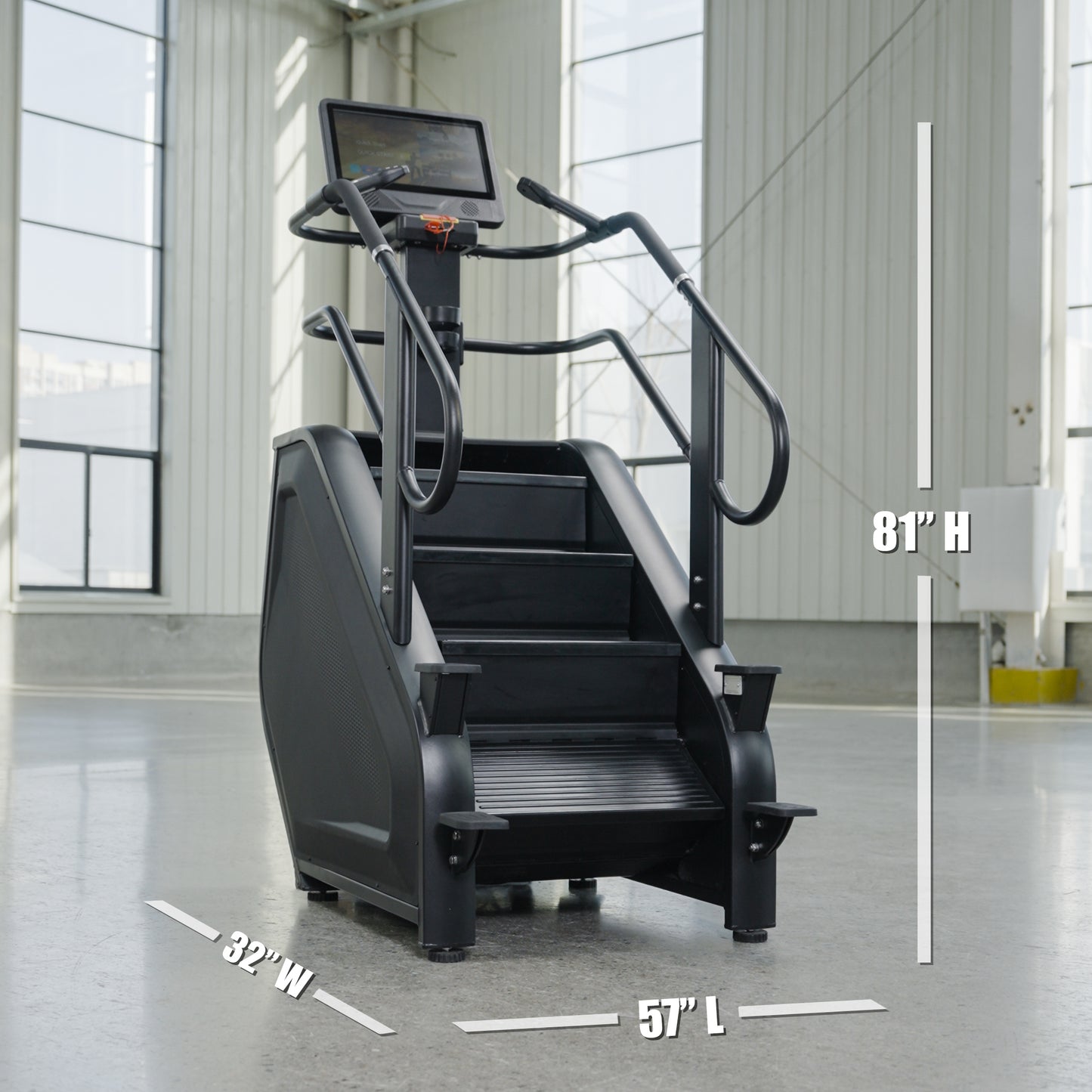 The SkyStep Stair Climber by BefitNow Canada is shown in a bright room. Its sleek black design features an interactive touchscreen display and measures 81" H x 32" W x 57" L, making it ideal for effective cardiovascular workouts.