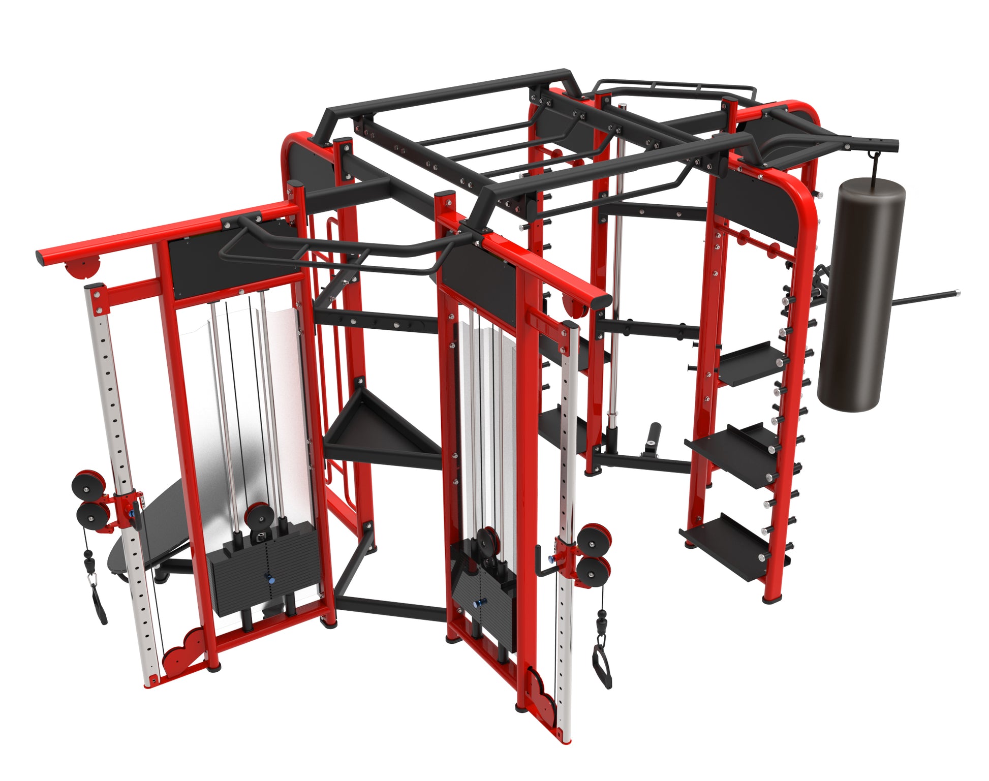 The BefitNow Canada PT360B Synergy 360 (6 Gates) is a red and black multi-station gym with cable pulleys, pull-up bars, step platforms, punching bag, 1808lbs weight stack; size: 165"x106"x94", ideal for versatile strength and cardio workouts.