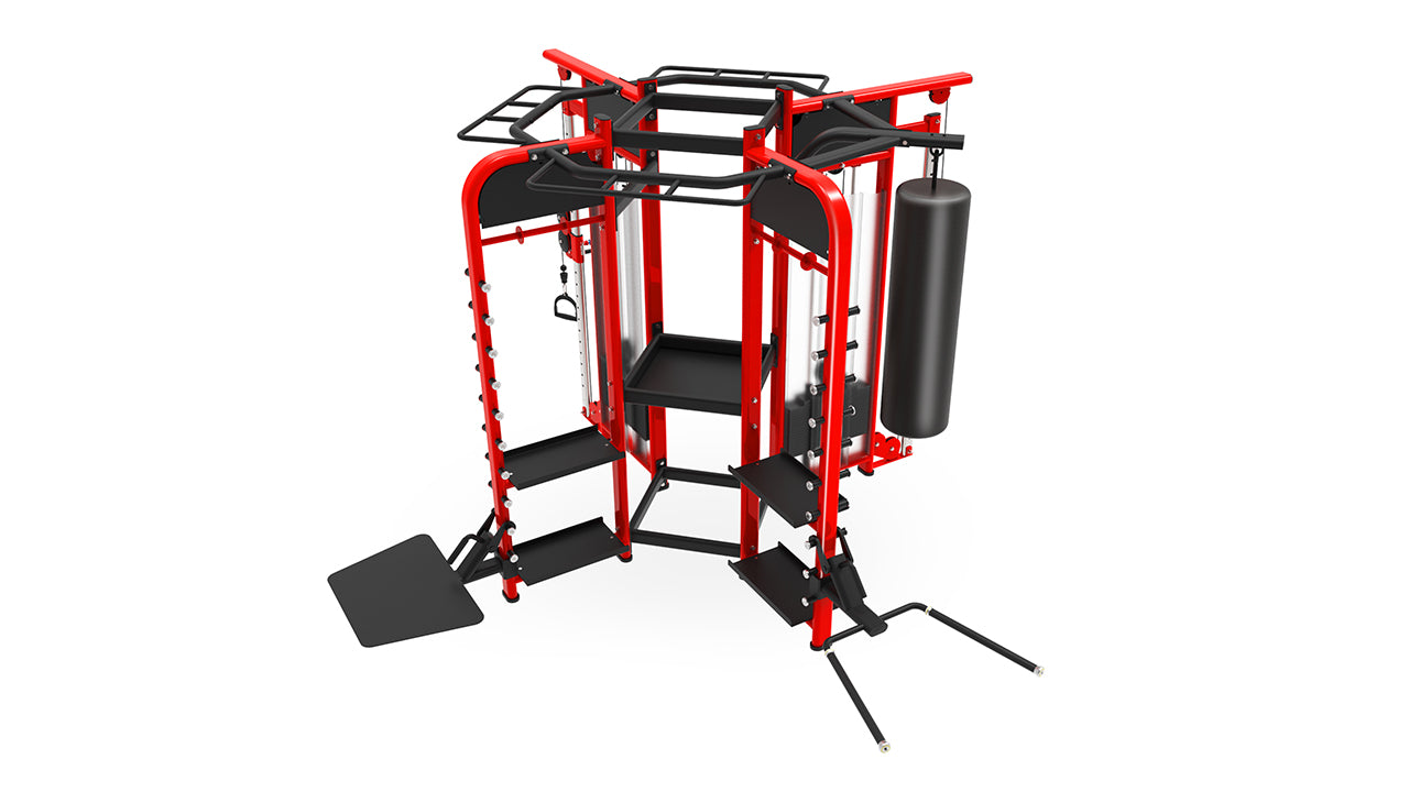The BefitNow Canada PT360x Synergy 360 (4 Gates) is red and black gym equipment with pull-up bars, dip bars, steps, a punching bag, workout attachments, and an adjustable weight stack for customized strength and functional training.